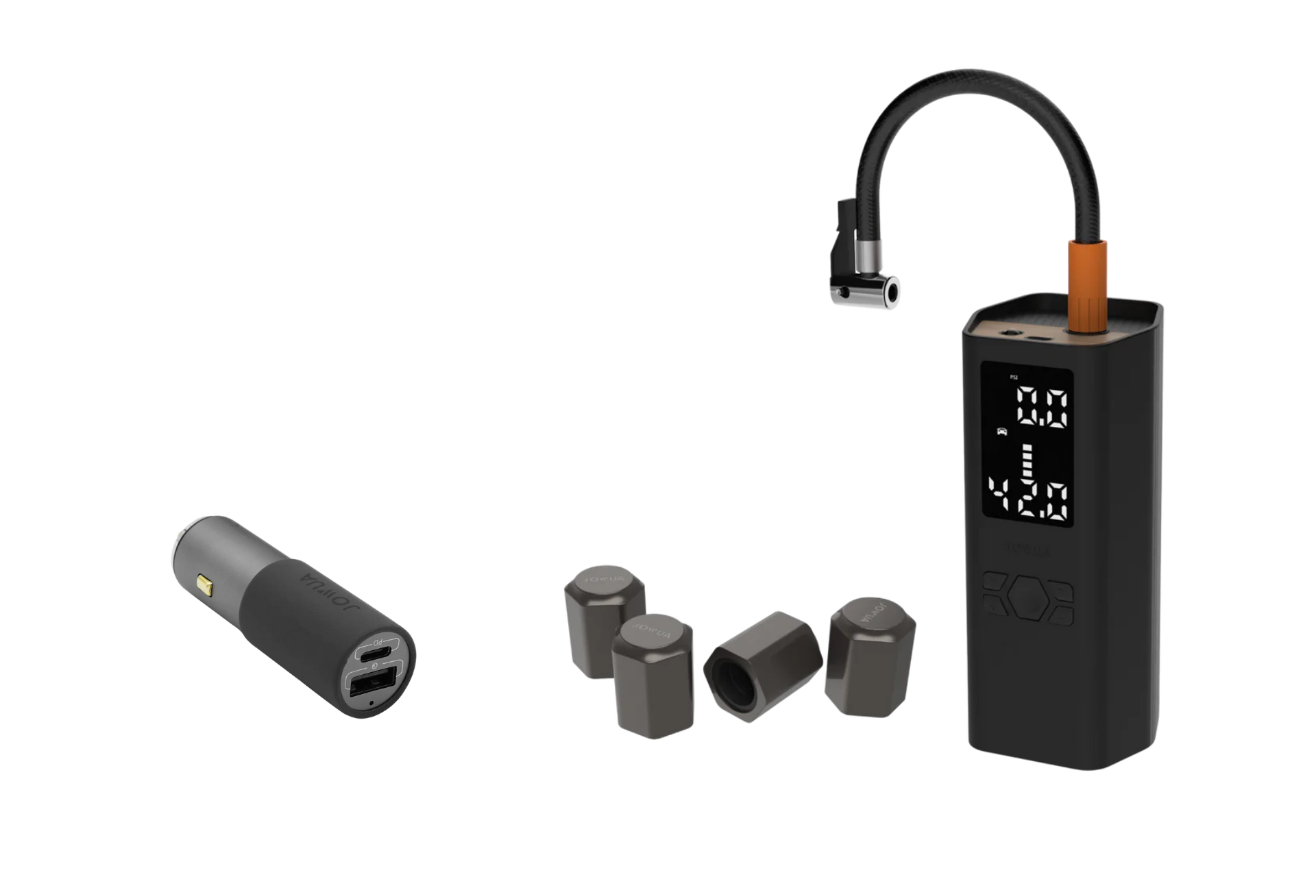 The JOWUA Portable Air Compressor + Charging Solution Kit includes a digital tire pressure gauge with a flexible hose and digital display, as well as a compact black cylindrical power bank featuring 60W high-speed charging ideal for electric vehicles (EVs), accompanied by several hexagonal metal adapters.