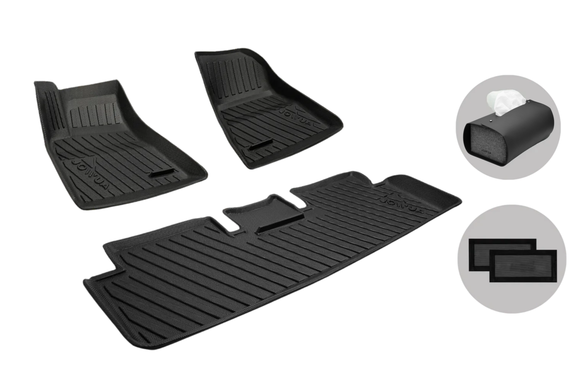 On display is a set of JOWUA's Model 3 All-Weather Floor Liners, custom-fit in black to suit specific areas within the Tesla Model 3. This set includes two circular sections and a pair of rectangular black inserts, perfectly designed for customized protection. The neutral backdrop enhances their functional elegance, making them an ideal choice for Tesla enthusiasts seeking durable and tailored floor protection.