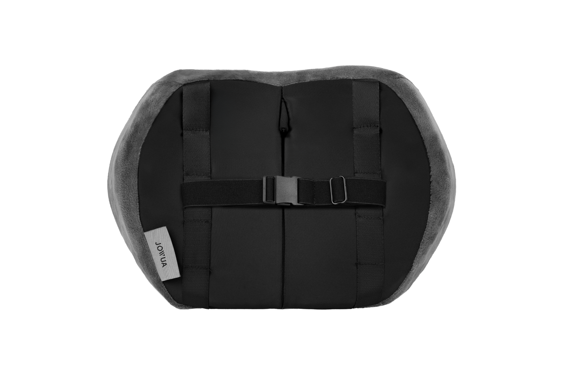 Rear perspective of the JOWUA Car Neck Pillow featuring adjustable straps, a gray border, and ergonomic neck support to enhance driving comfort.