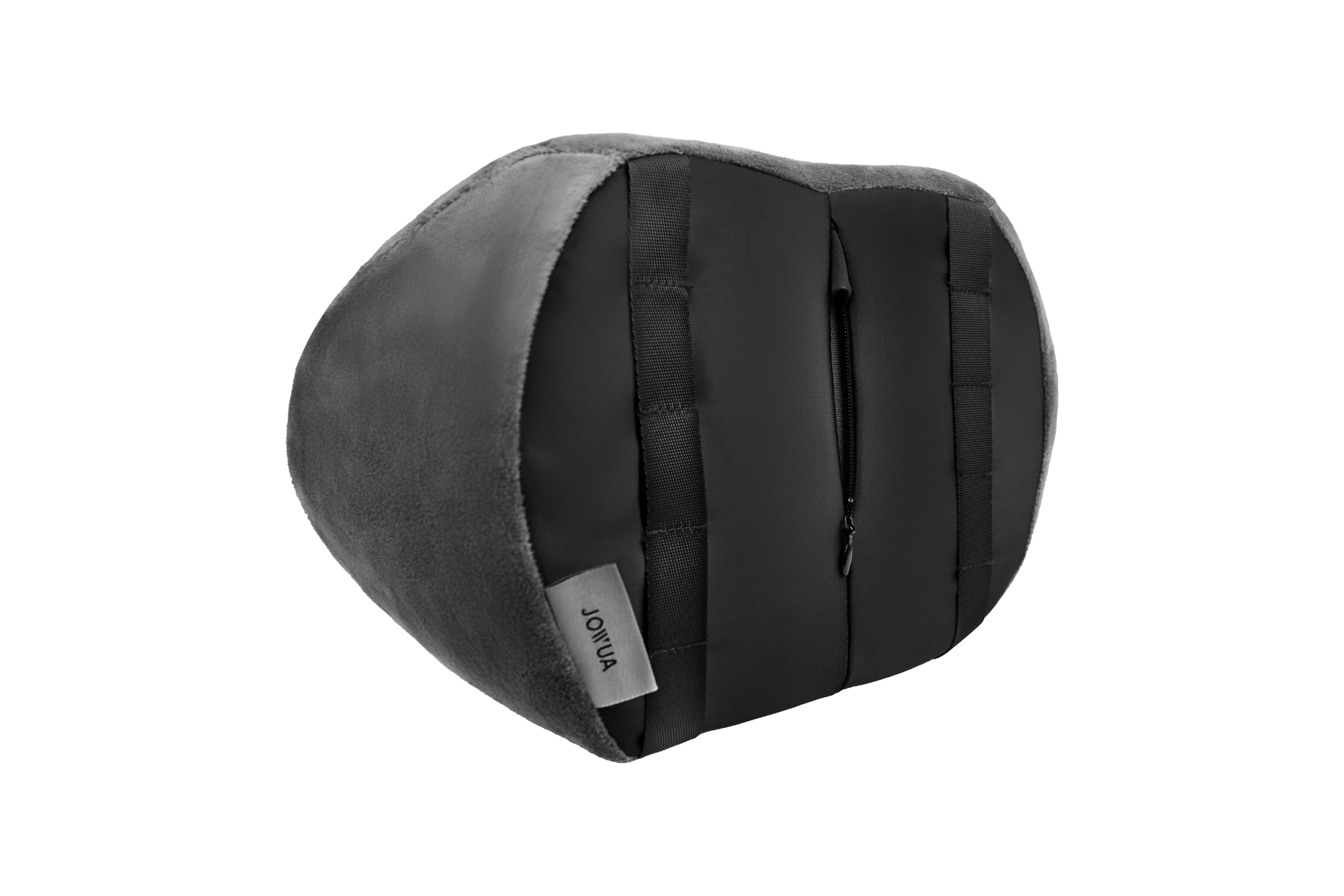 Introducing the JOWUA Car Neck Pillow in black, featuring a soft, plush exterior with a convenient zipper on one side. It comes with a subtle side label and is designed with a slight curve to provide ergonomic support, enhancing comfort during long journeys.