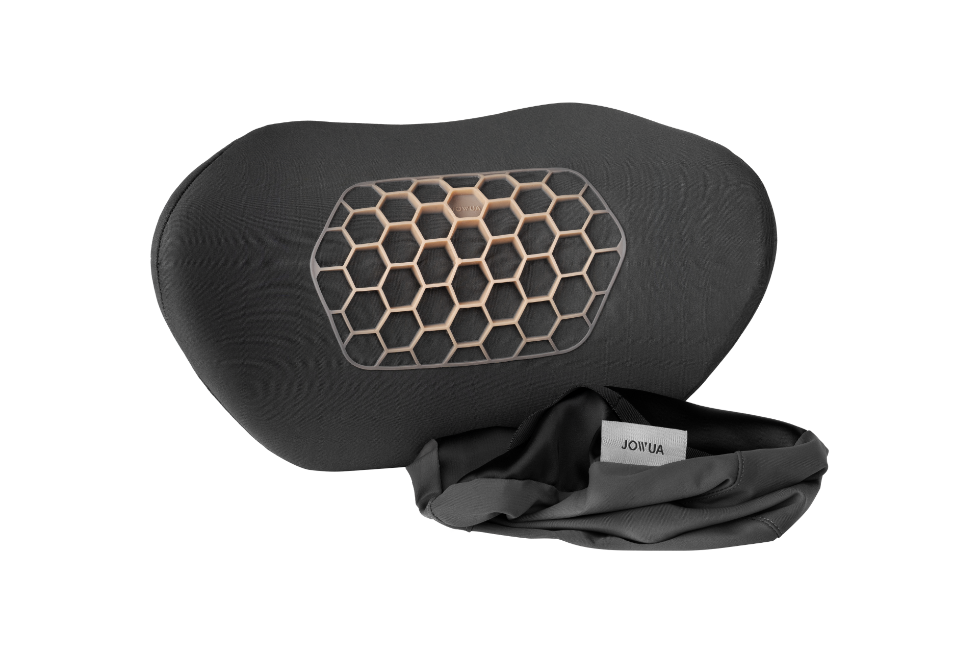 The JOWUA Car Neck Pillow, black with a honeycomb center pattern, offers ergonomic comfort. It has a black elastic strap with a label for versatile use. Against a white backdrop, its dual-material design showcases enhanced durability.