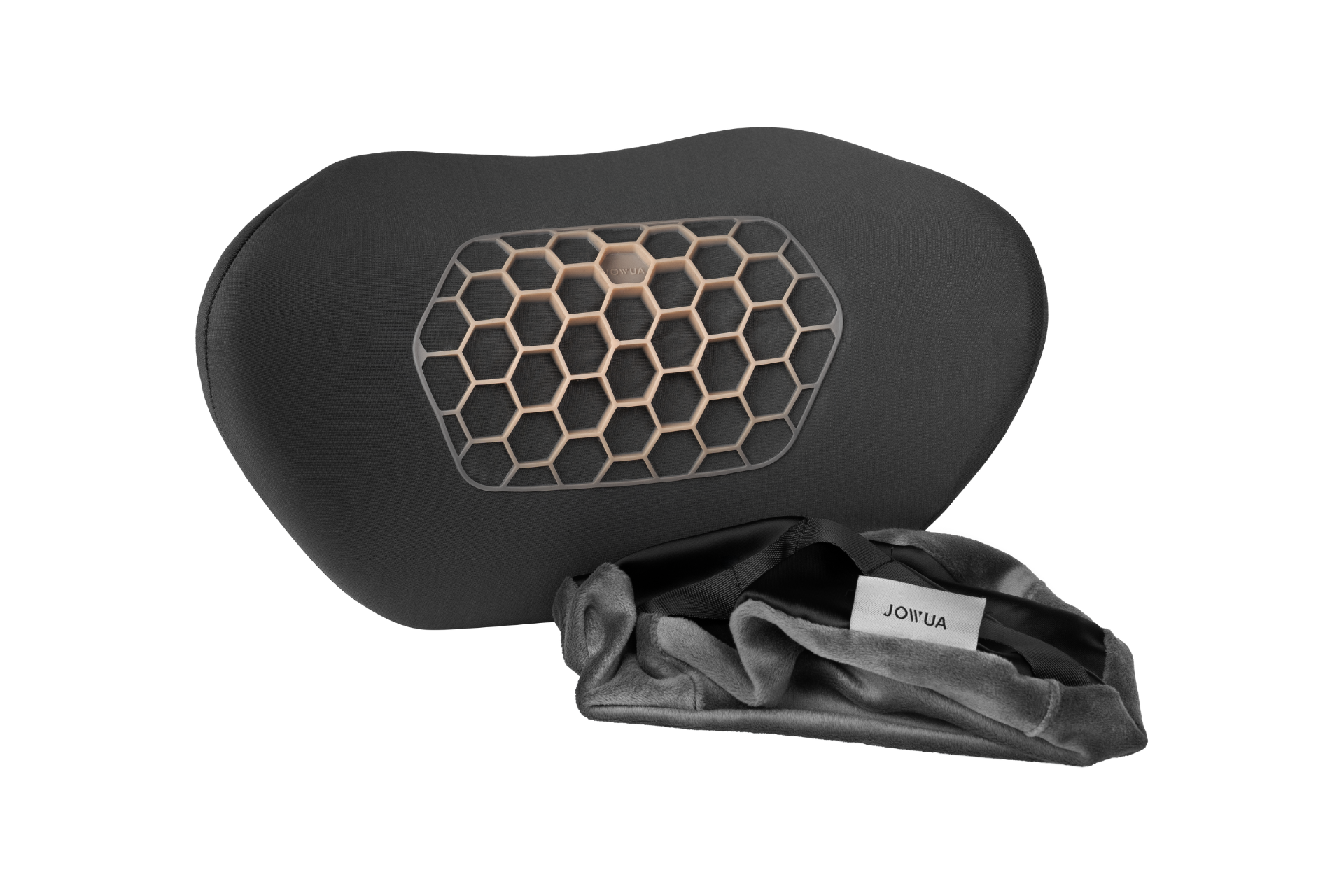 A black ergonomic Car Neck Pillow with a hexagonal mesh core and dual materials. It has a removable soft cover displaying "JOWUA" on the tag. Designed for adjustable height, it offers comfort and support.