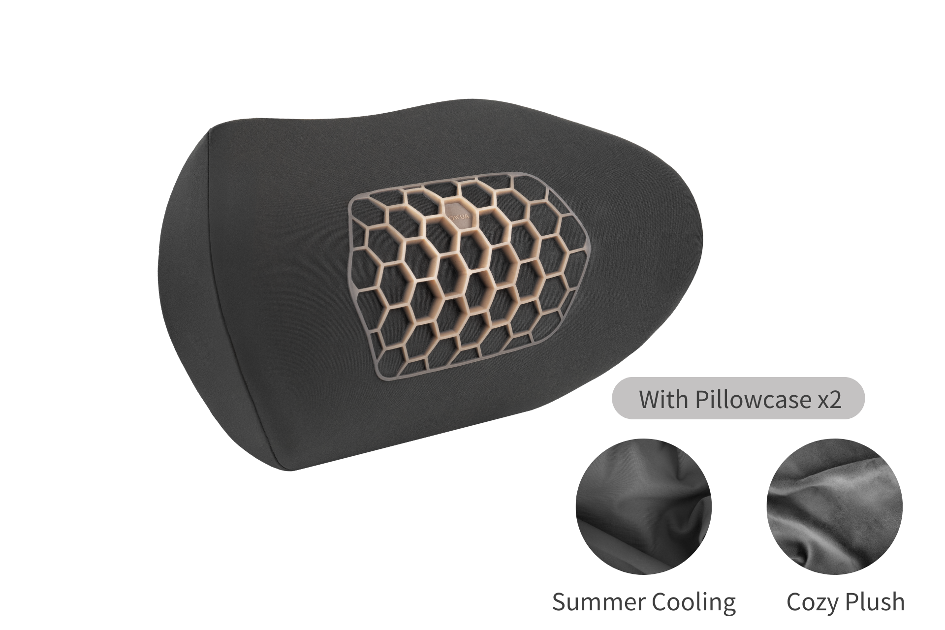 The JOWUA Car Neck Pillow is an ergonomic accessory with a top layer featuring a honeycomb TPE design. It comes with two pillowcases: one designed for summer cooling and the other plush for cozy comfort, both offering adjustable height for personalized support.