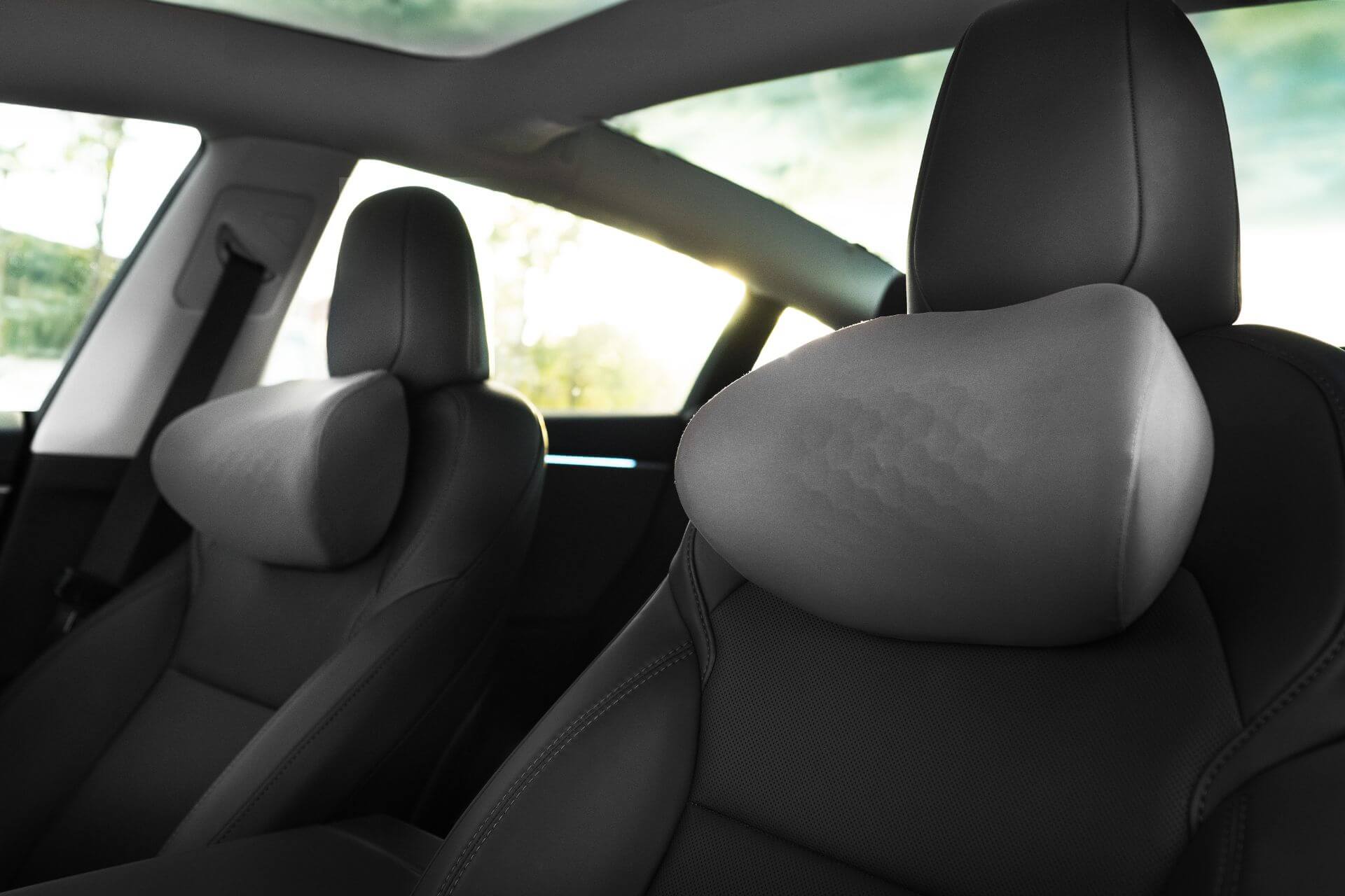 Interior view of a vehicle highlighting the front seats, adorned in black leather featuring an ergonomic design and adjustable height headrests. The back seat and a sunroof with a slight green tint are also visible, with car windows revealing glimpses of trees outside; consider adding the JOWUA Car Neck Pillow for enhanced comfort.