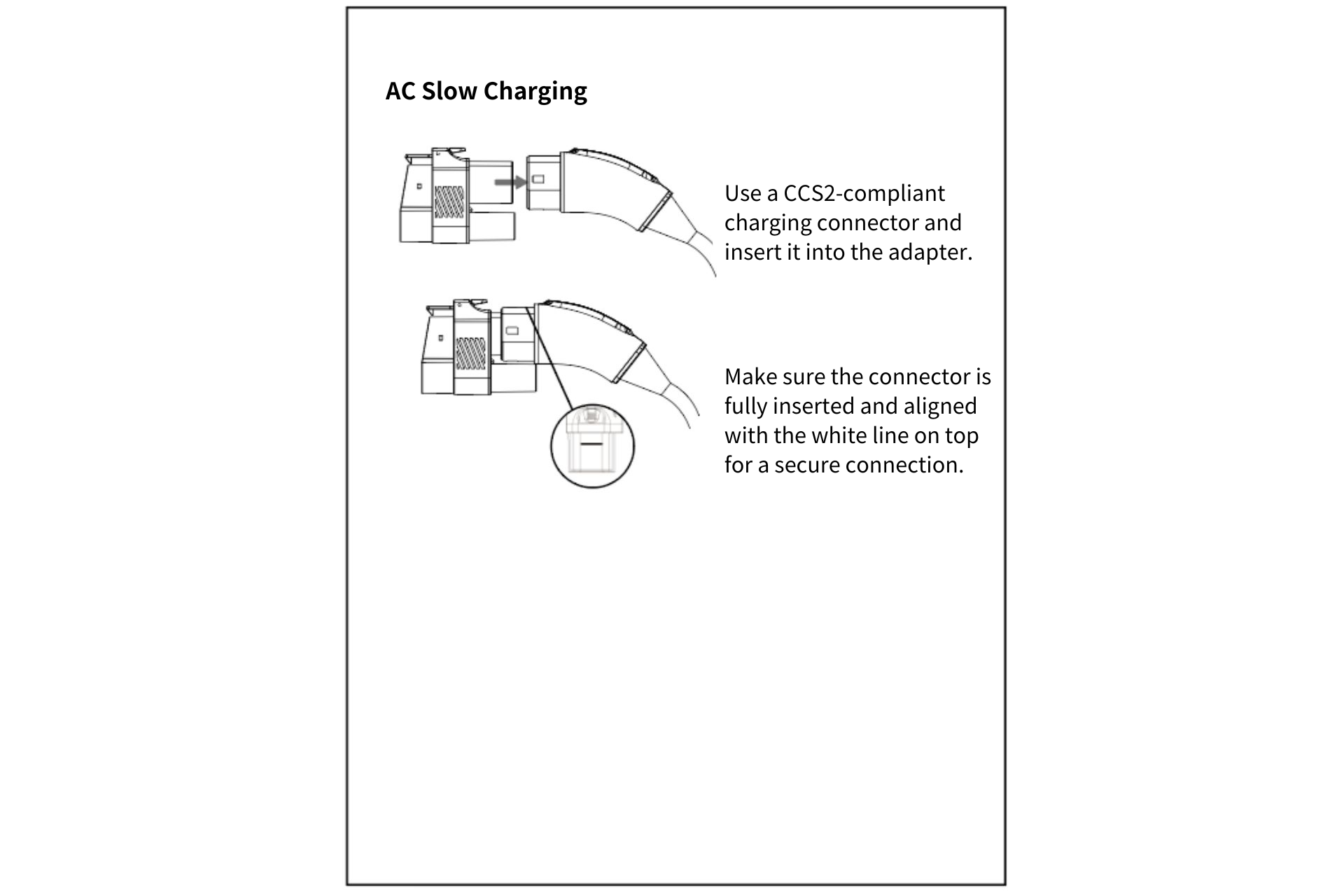 Diagram illustrating JOWUA's CCS2 to CCS1 DC & AC Combined Adapter instructions. For CCS1 EV owners, the top section shows a charging connector aligned with the adapter, and the bottom section features a close-up of the connector, highlighting a white line for secure alignment at charging stations.