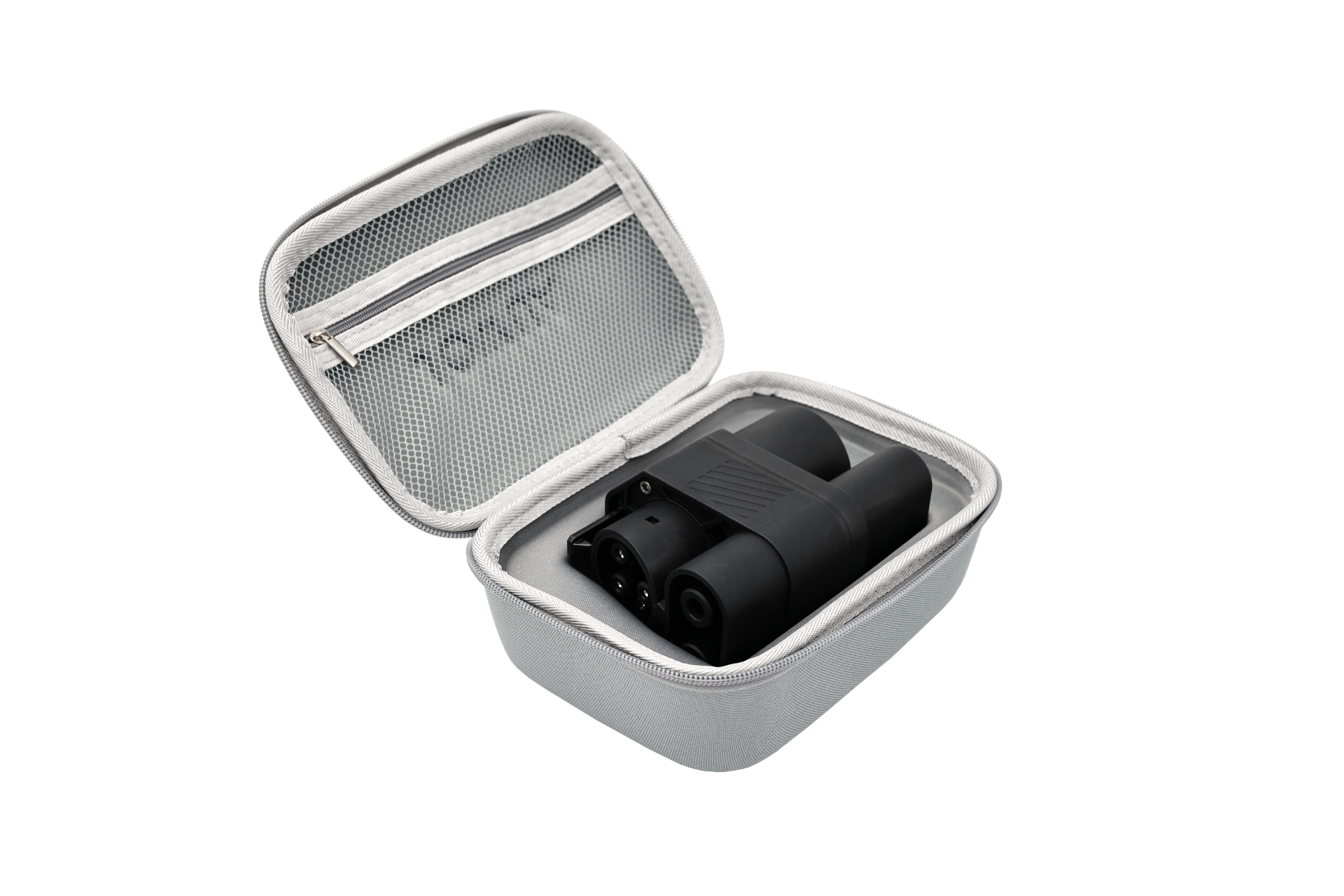 The JOWUA CCS2 to CCS1 DC & AC Combined Adapter is housed in a gray, rectangular zippered case with a mesh pocket in the lid, ideal for CCS1 EV essentials. It opens wide for clear visibility of its black, multi-component electronic contents.