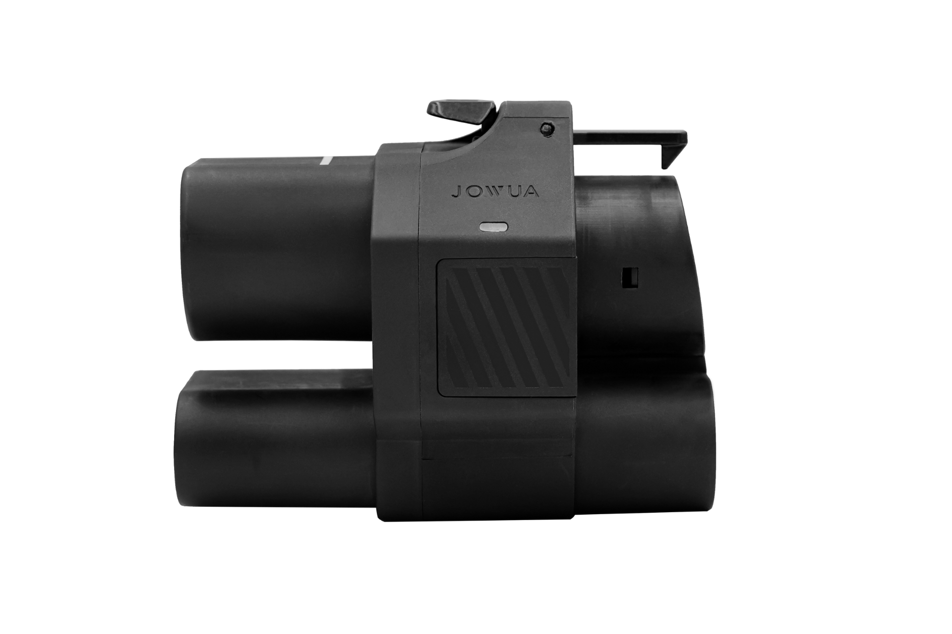 The JOWUA CCS2 to CCS1 DC & AC Combined Adapter is a sleek black, dual cylindrical device with a branded rectangular middle section. Designed for CCS1 EV owners, it features a textured surface and includes a clip or switch at the top, ideal for DC fast charging solutions.