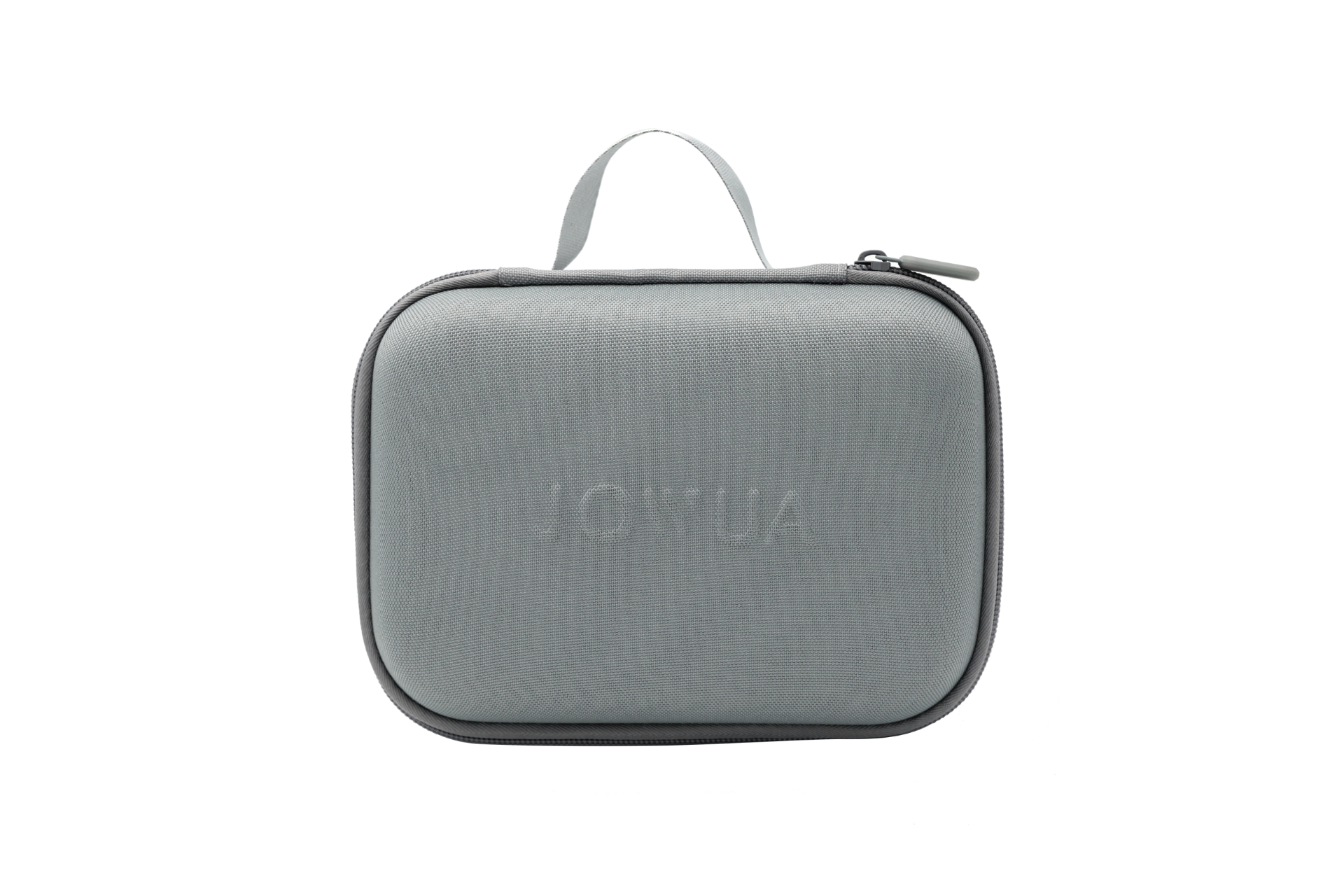 A small, gray, rectangular pouch with a top zipper and handle features subtle embossed text and is perfect for storing your JOWUA CCS2 to CCS1 DC & AC Combined Adapter accessories.