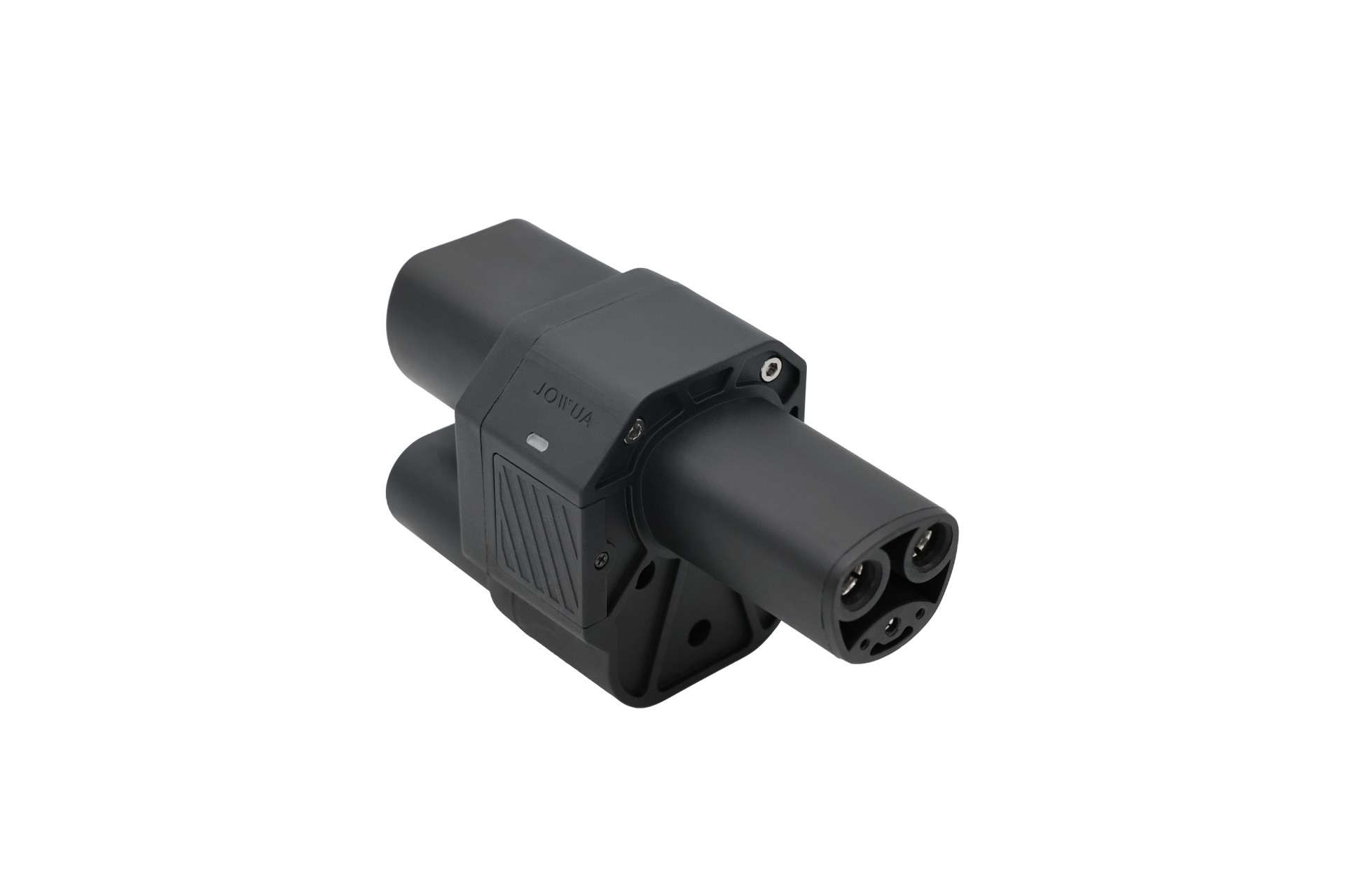 JOWUA's CCS2 to NACS DC Charging Adapter is a black, industrial design electric vehicle charging connector. It features three round pins, supports the CCS Communication Protocol, and offers a textured grip and smooth finish for enhanced usability with compatible EV charging ports.