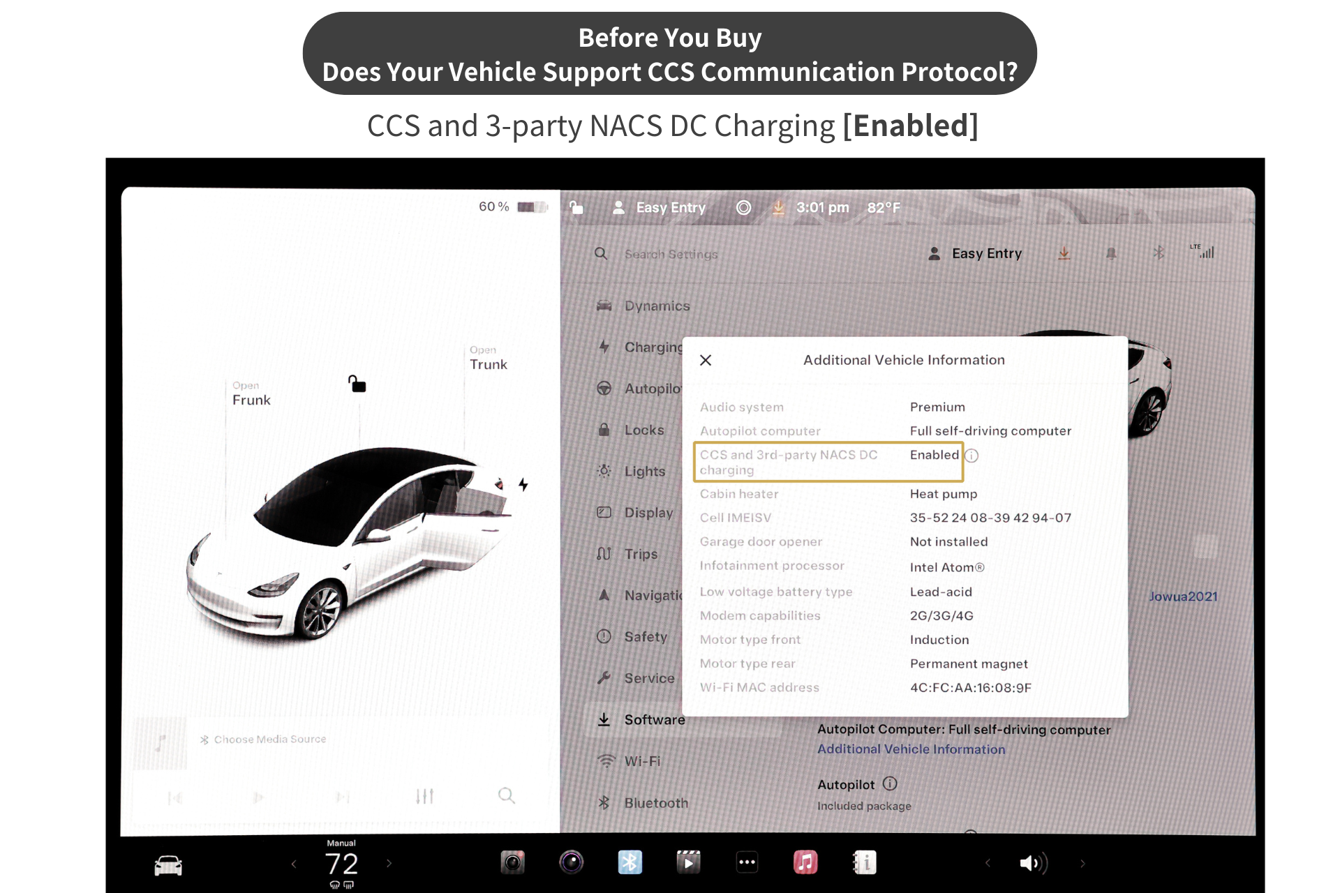 A car's infotainment screen features vehicle info with a query on CCS Communication Protocol for DC Fast Charging. An overlay displays detailed specs showing "Enabled" status for NACS charging with JOWUA's CCS2 to NACS DC Charging Adapter.