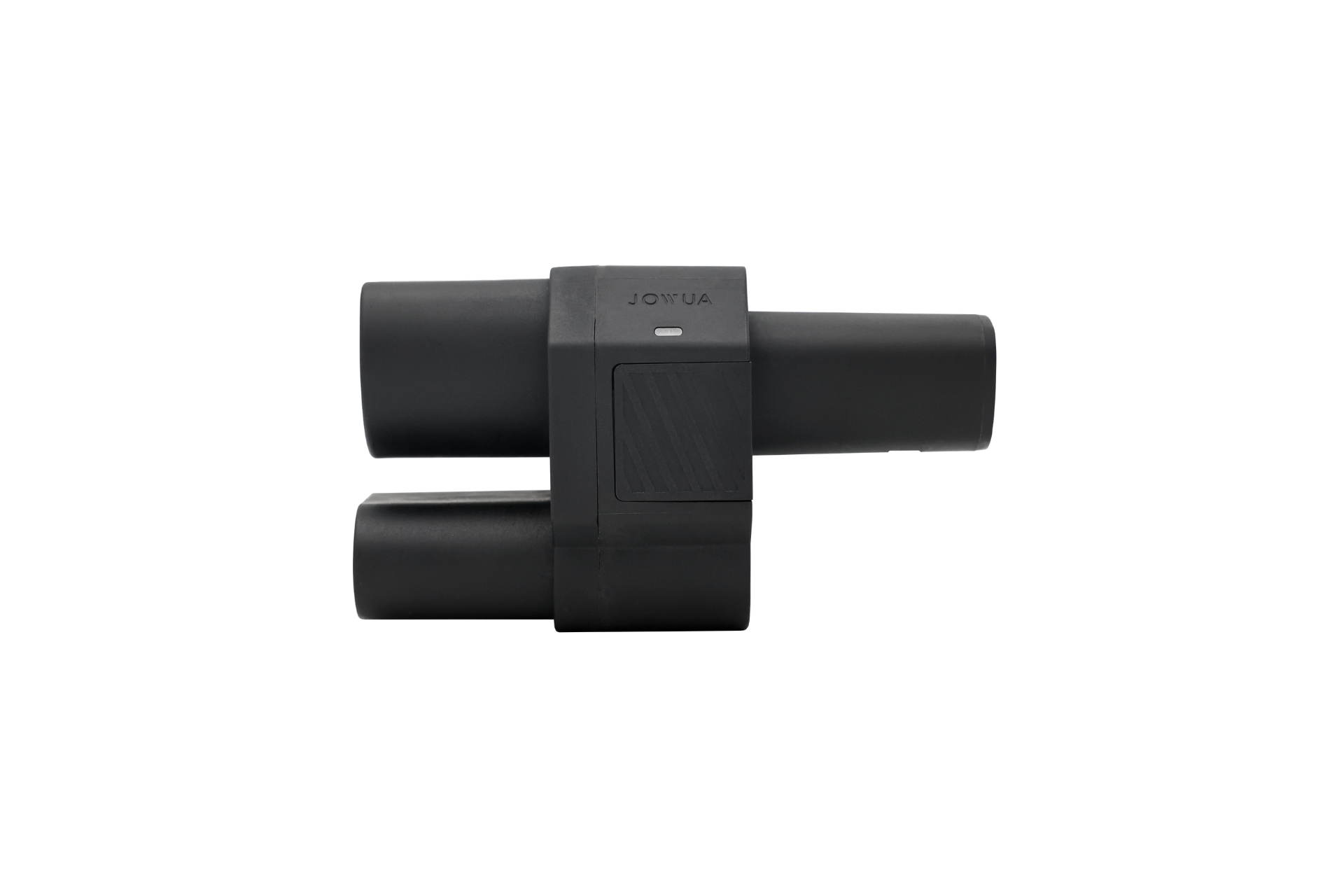 The JOWUA CCS2 to NACS DC Charging Adapter is a black, symmetrical device with two horizontal cylindrical tubes. It has a small, raised rectangular top with a subtle marking, designed for seamless CCS Communication Protocol integration.