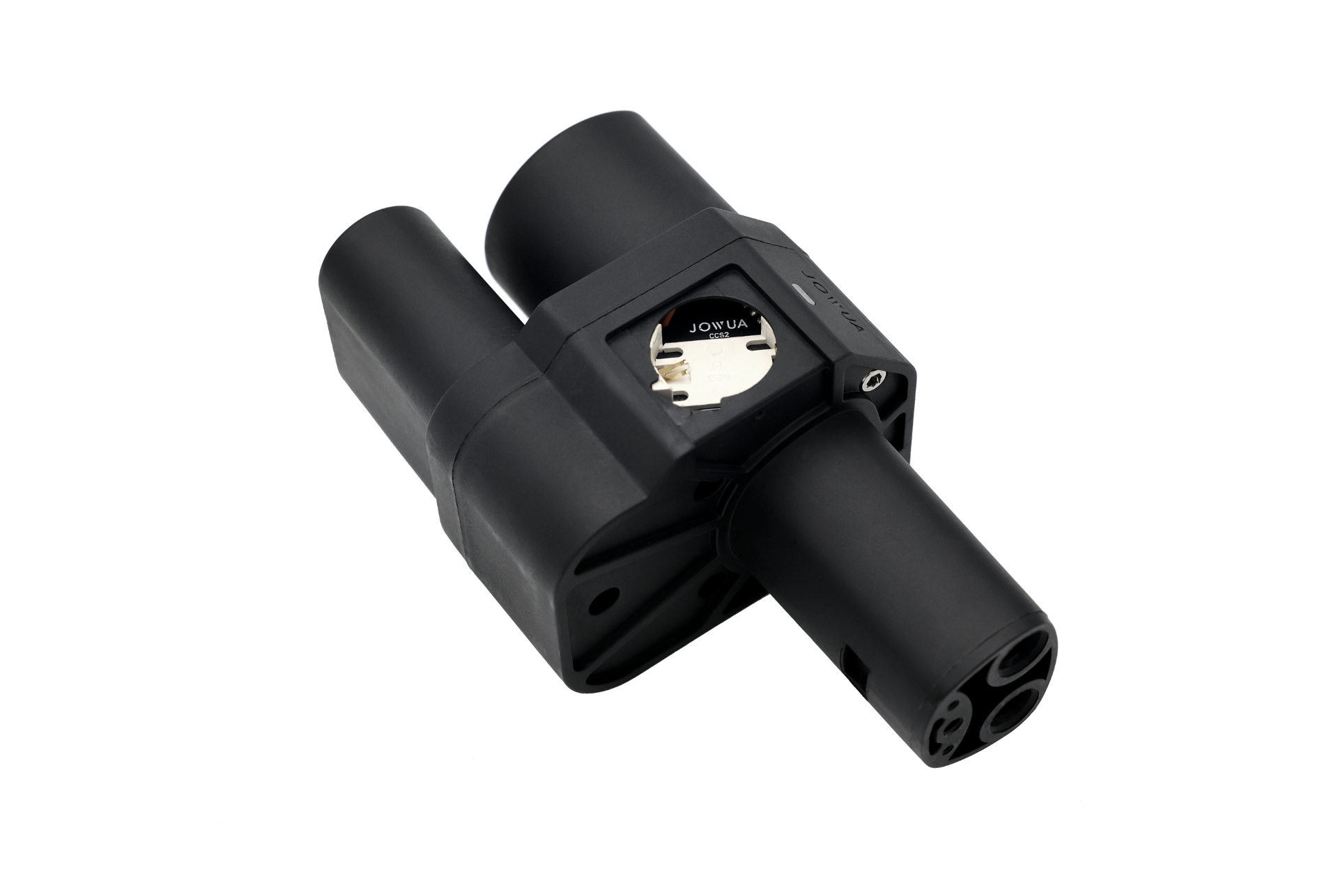 The JOWUA CCS2 to NACS DC Charging Adapter is a sleek, black device featuring a visible coin cell battery compartment. Its angular design includes dual cylindrical nozzles on one side and a single extension on the other, supporting CCS Communication Protocol for efficient DC Fast Charging.