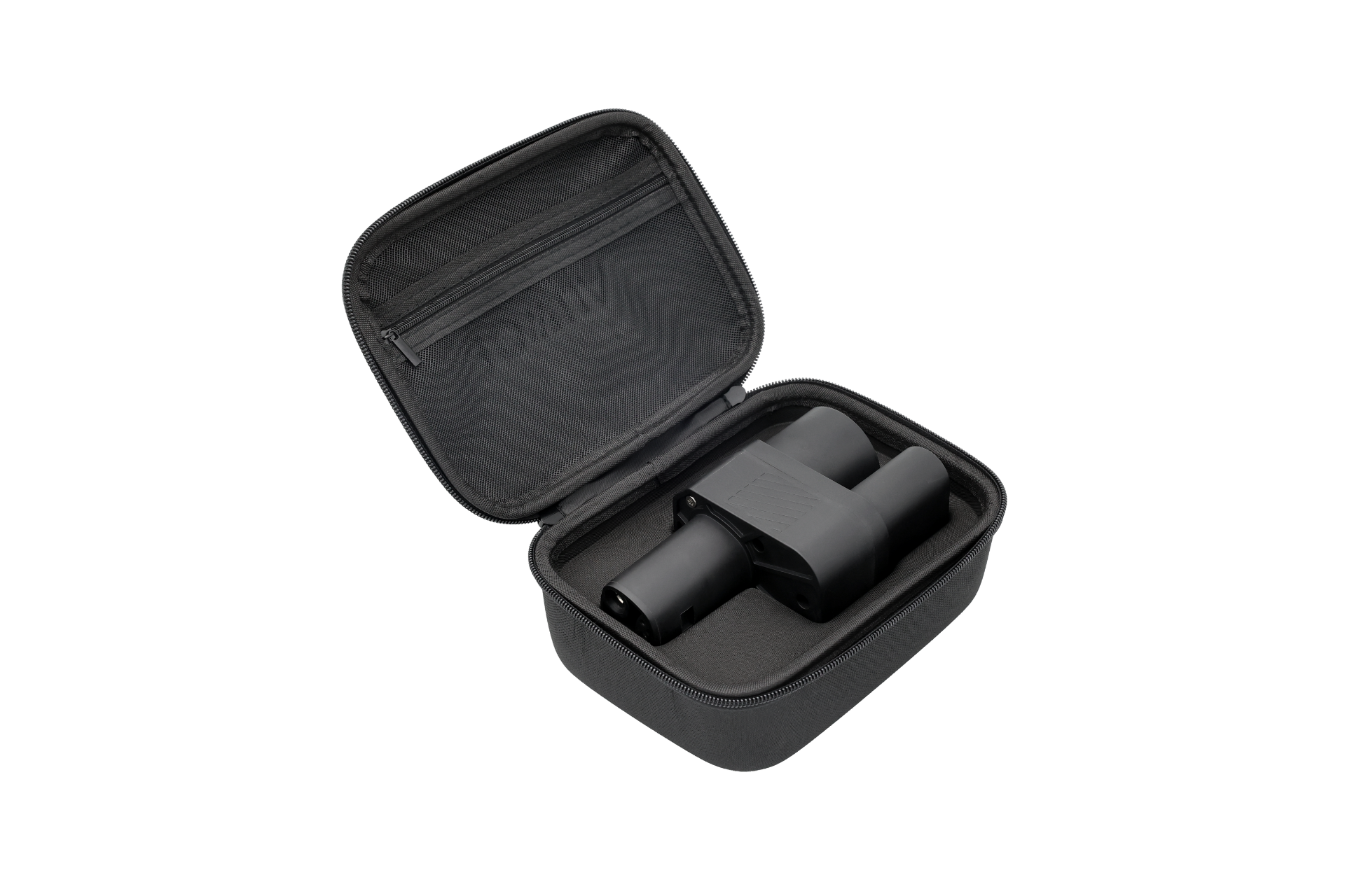 A black zippered carrying case is open, revealing a set of binoculars inside. Next to them, a JOWUA CCS2 to NACS DC Charging Adapter fits perfectly in the additional mesh pocket on the inside of the lid.