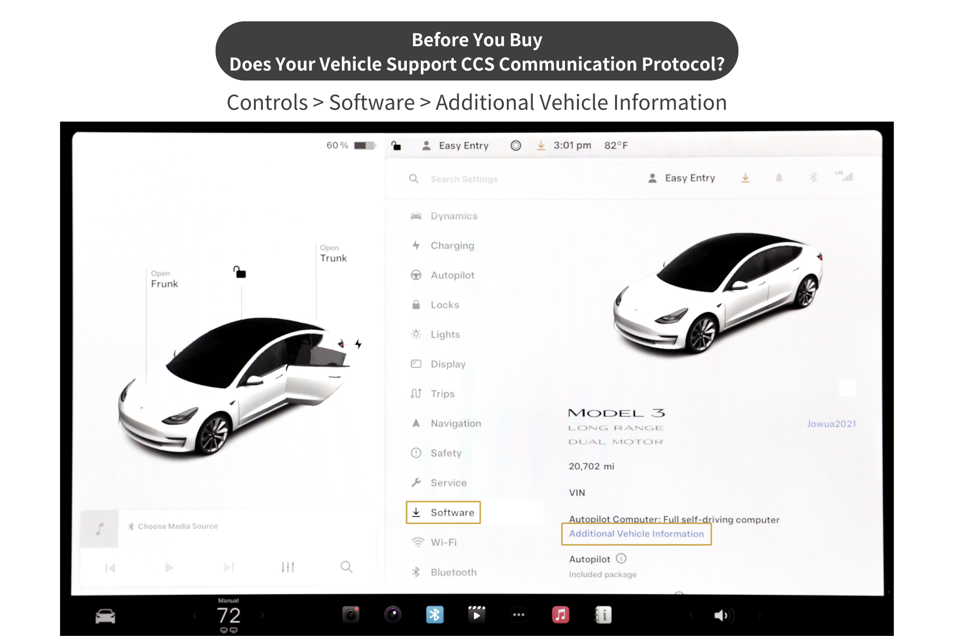 A car's software interface screenshot displays a white vehicle with open doors and trunk, featuring text to check the CCS communication protocol for DC Fast Charging, using the JOWUA CCS2 to NACS DC Charging Adapter. Additional vehicle information is in the software section.