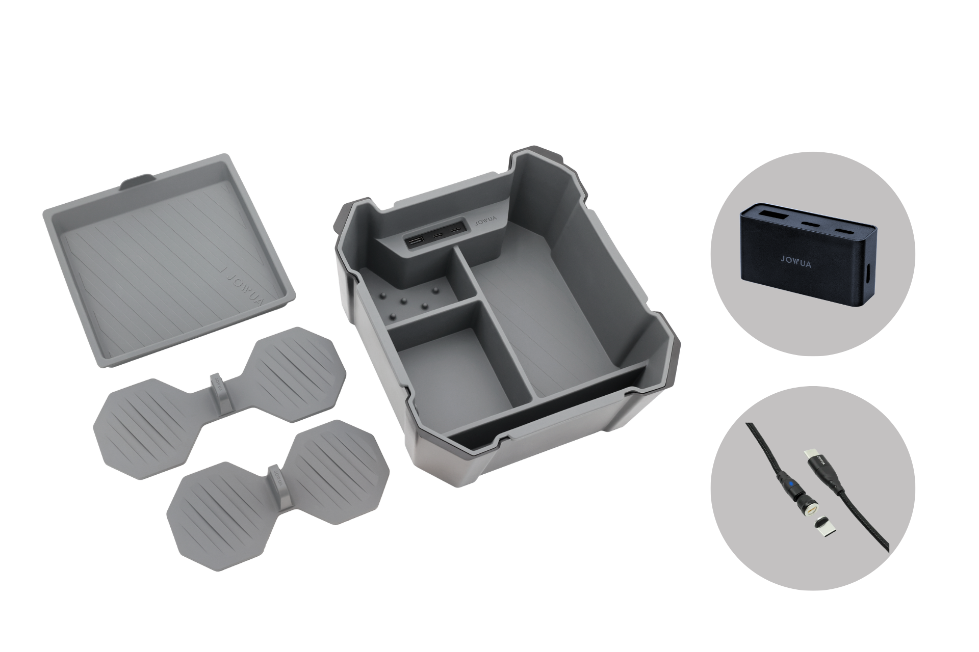 The JOWUA Center Console Set for the Tesla Cybertruck includes a gray modular storage box with a silicone main container, compartments, and lid. Two circular pads serve as cup coasters. A black multi-port USB hub and two connecting cables are stylishly displayed against gray circles.