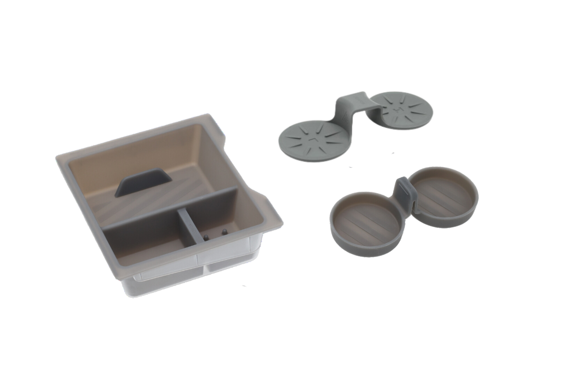 The Center Console Set for Tesla Model Y Juniper 2025+ from JOWUA is disassembled, featuring a premium silicone organizer with dividers, two round lids, and a connector piece. The gray components are arranged on a white background.