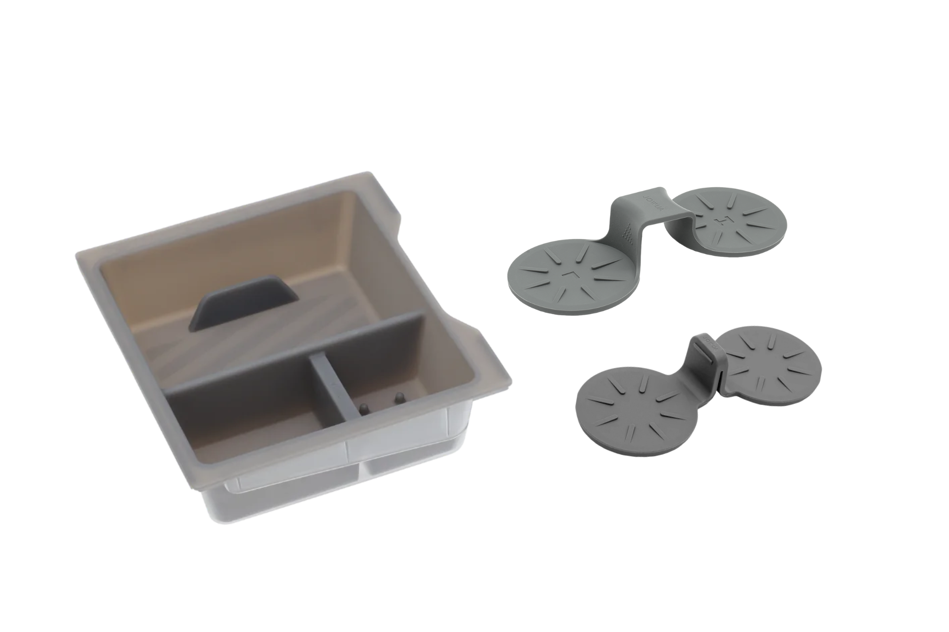 The gray plastic soap dish mimics the JOWUA Center Console Set for Tesla Model Y Juniper 2025+, with two left compartments and two right silicone suction cup holders with circular pads, all set against a white backdrop, reflecting Tesla's sleek design.