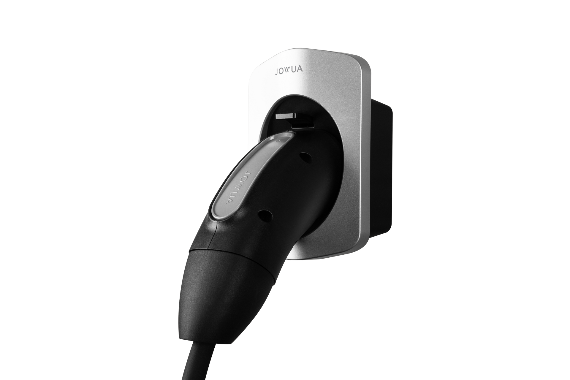 A black EV portable charger plug is inserted into a silver wall-mounted Charging Cable Holder (CCS2-AC Type-2) that features IP66 waterproof protection. The plug is connected to a visible charging cable, and the brand name "JOWUA" is prominently displayed on the station. The background remains plain and white.