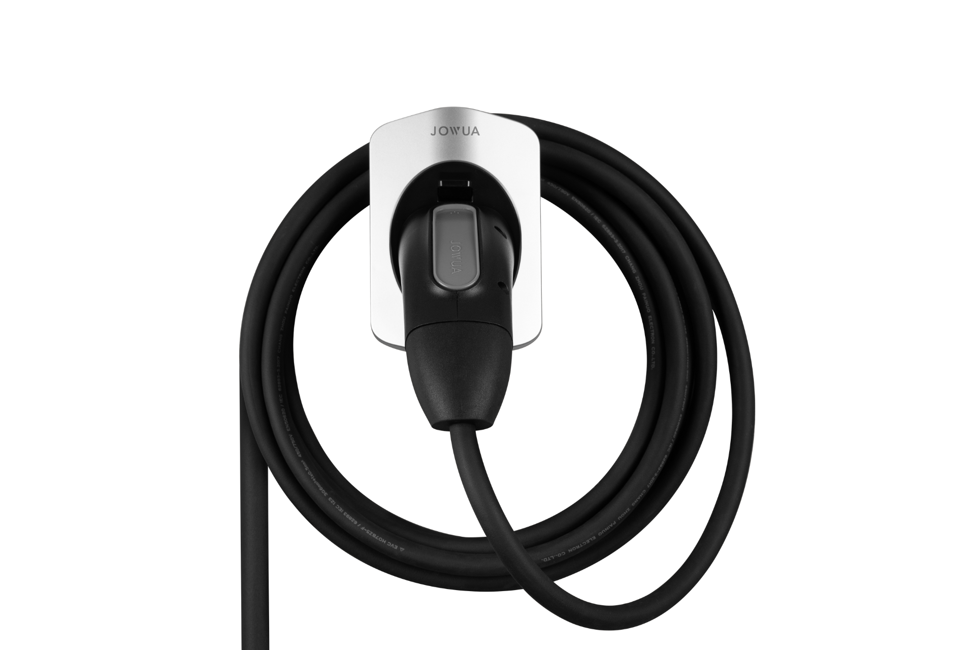 A black EV portable charger cable is mounted on a white Charging Cable Holder (CCS2-AC Type-2), featuring an IP66 waterproof design. The cable is neatly coiled with the connector visible in the center, ideal for your CCS2 vehicle. The brand name "JOWUA" proudly adorns the holder.