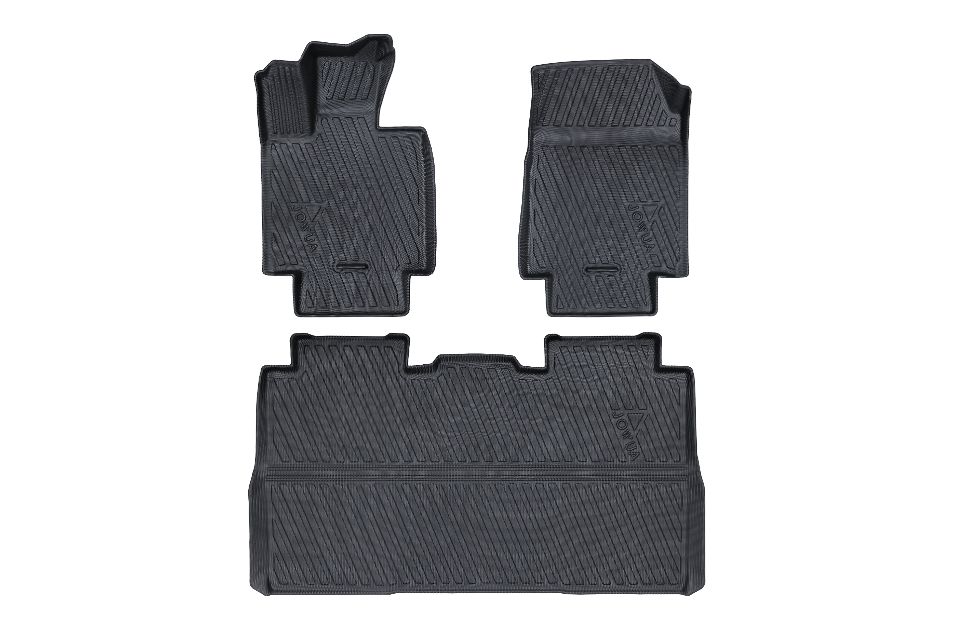 A set of three black, textured JOWUA All Weather Floor Liners for the Tesla Cybertruck, displayed on a white background. These liners are designed to fit various sections of the vehicle's interior and come with free shipping for Tesla Cybertruck fans.