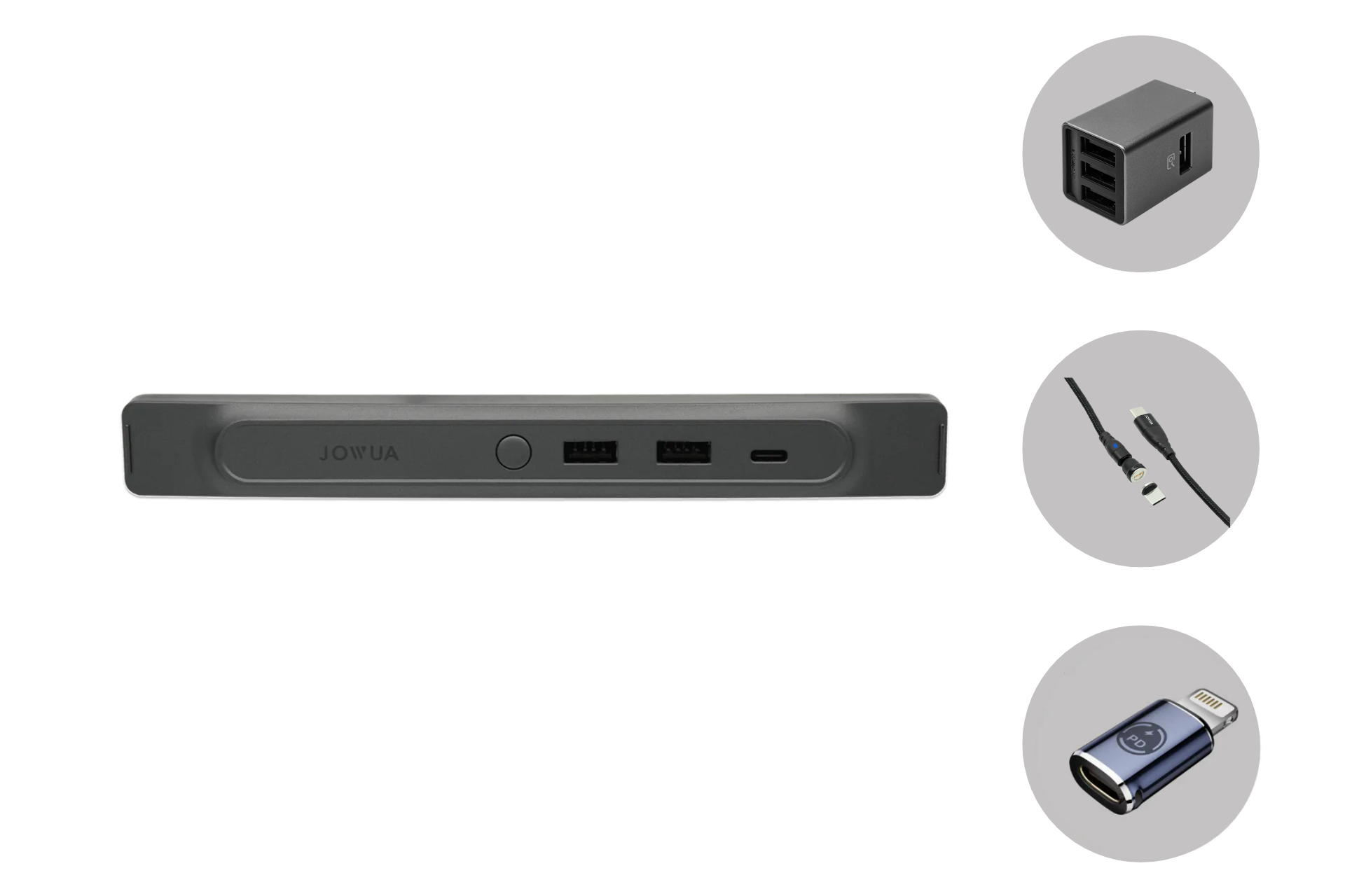 The JOWUA 36W Hub Charging Combo features a wide, flat hub with USB ports, showcasing a dual USB car charger, a USB cable, and a SuperSpeed USB-C adapter on a gray background. This efficient device integrates seamlessly with your setup for advanced connectivity.