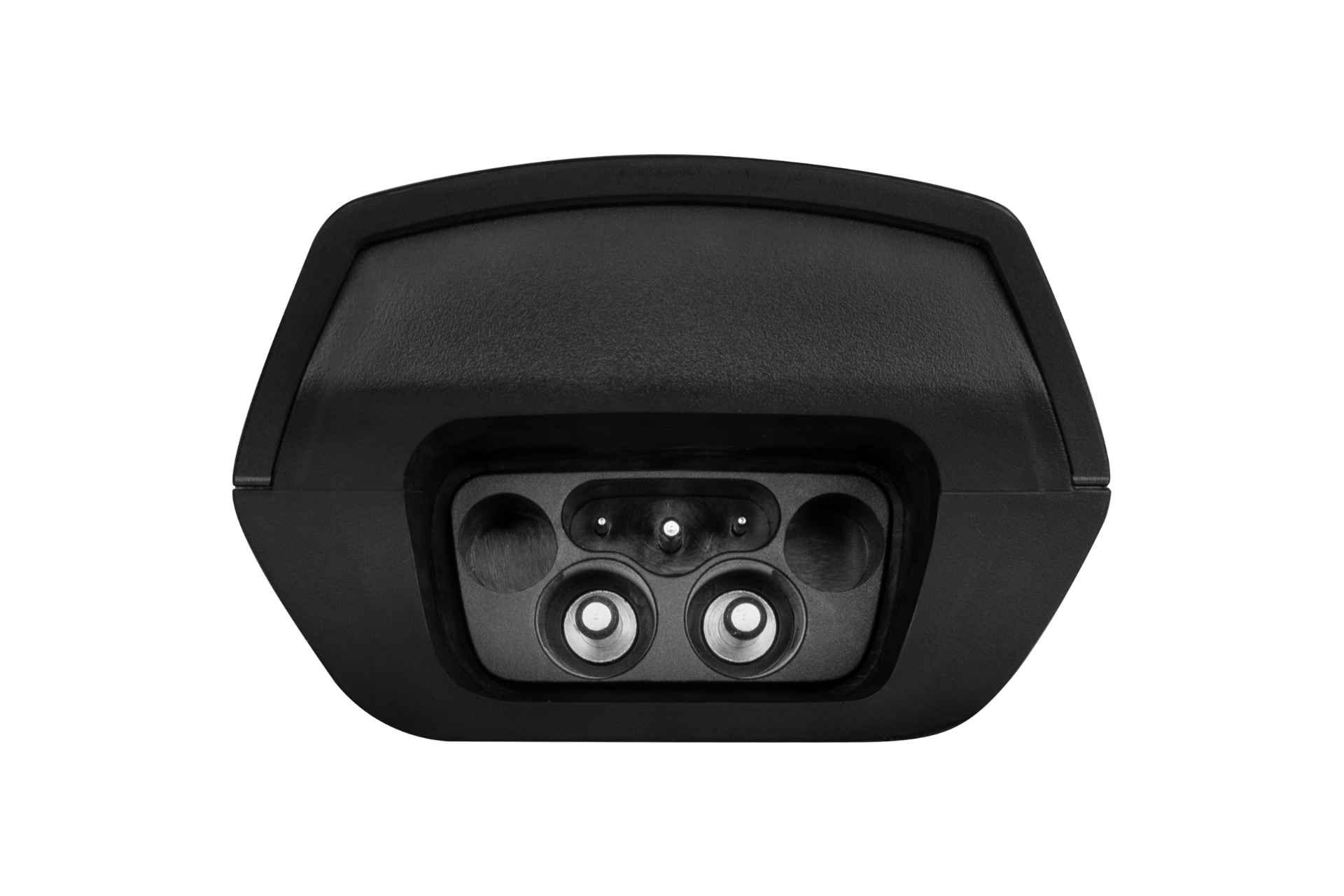 A close-up of a black electronic device with three circular components and a central dot within a raised rectangular housing suggests it could be part of the JOWUA EV Mobile Connector (Type-2) - Versatile Mobile Connector, indicating portable EV charger compatibility.