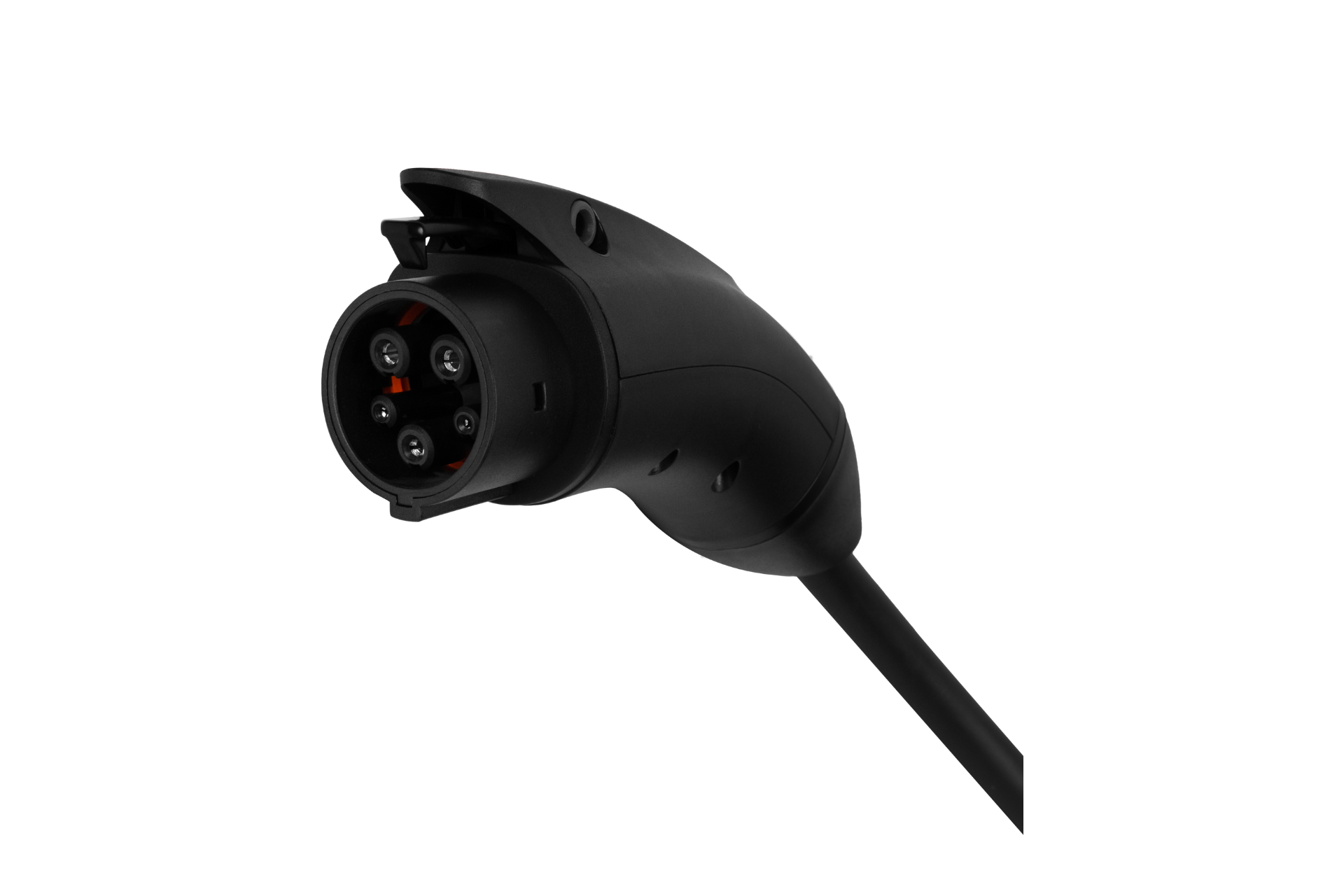 Close-up of a JOWUA J1772 Mobile Connector Solution for Tesla, featuring a black electric vehicle charging plug against a white background. Ideal for J1772 owners, the plug's round end includes multiple connection points to ensure efficient 40A/9.6kW charging performance.