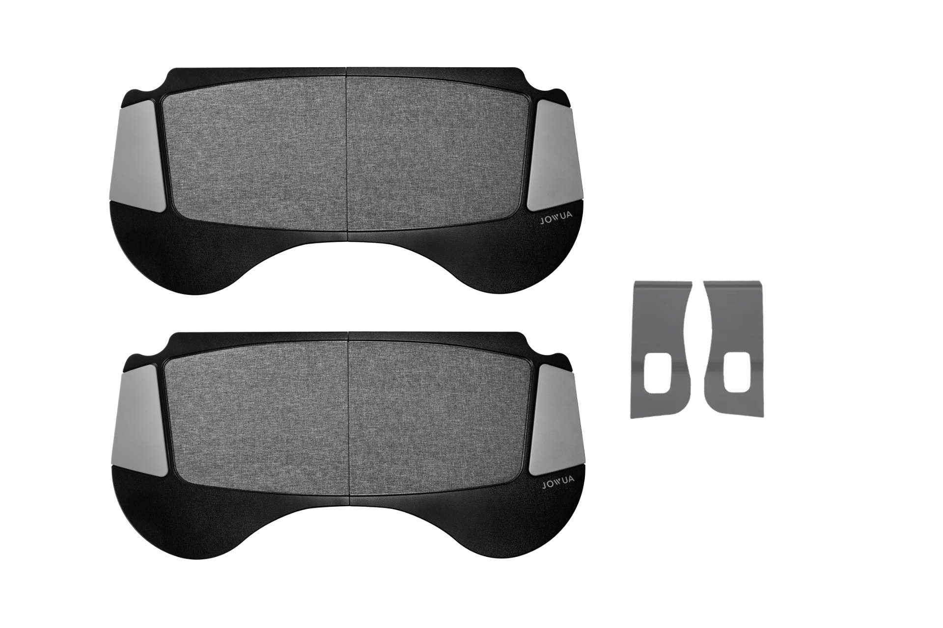 Two pairs of gray and black JOWUA car window sunshades, designed for sleek minimalism, are displayed against a white background. Accompanied by matching hook attachments for effortless installation, they pair perfectly with the Foldable Car Tray Bundle (Reengineered Model 3 Highland, 2024+) to enhance your Tesla's interior.