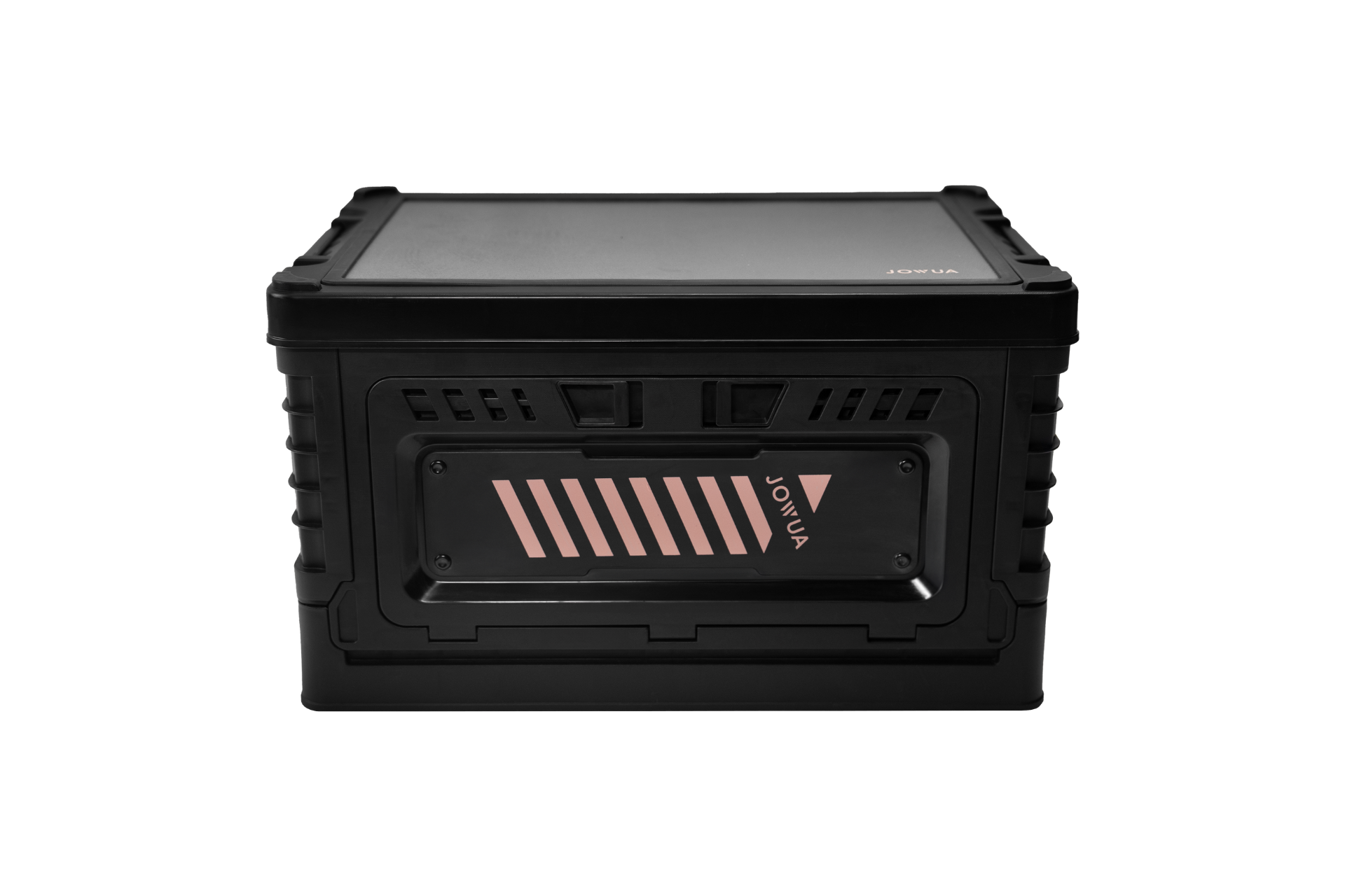 A black and pink electronic device with side vents and "JOWUA" printed on it, featuring a rectangular front panel. Its sleek design suggests functionality, making it an ideal addition to any 30L Stackable Storage Box and Trunk Organizer for Teslas.