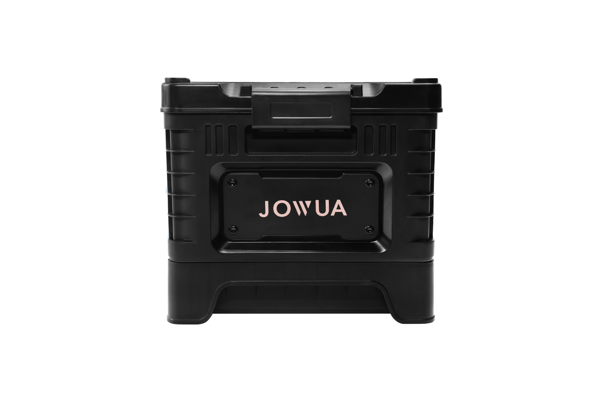 The JOWUA 30L Stackable Storage Box and Trunk Organizer, ideal for Teslas, comes in black with a top handle and the brand name 