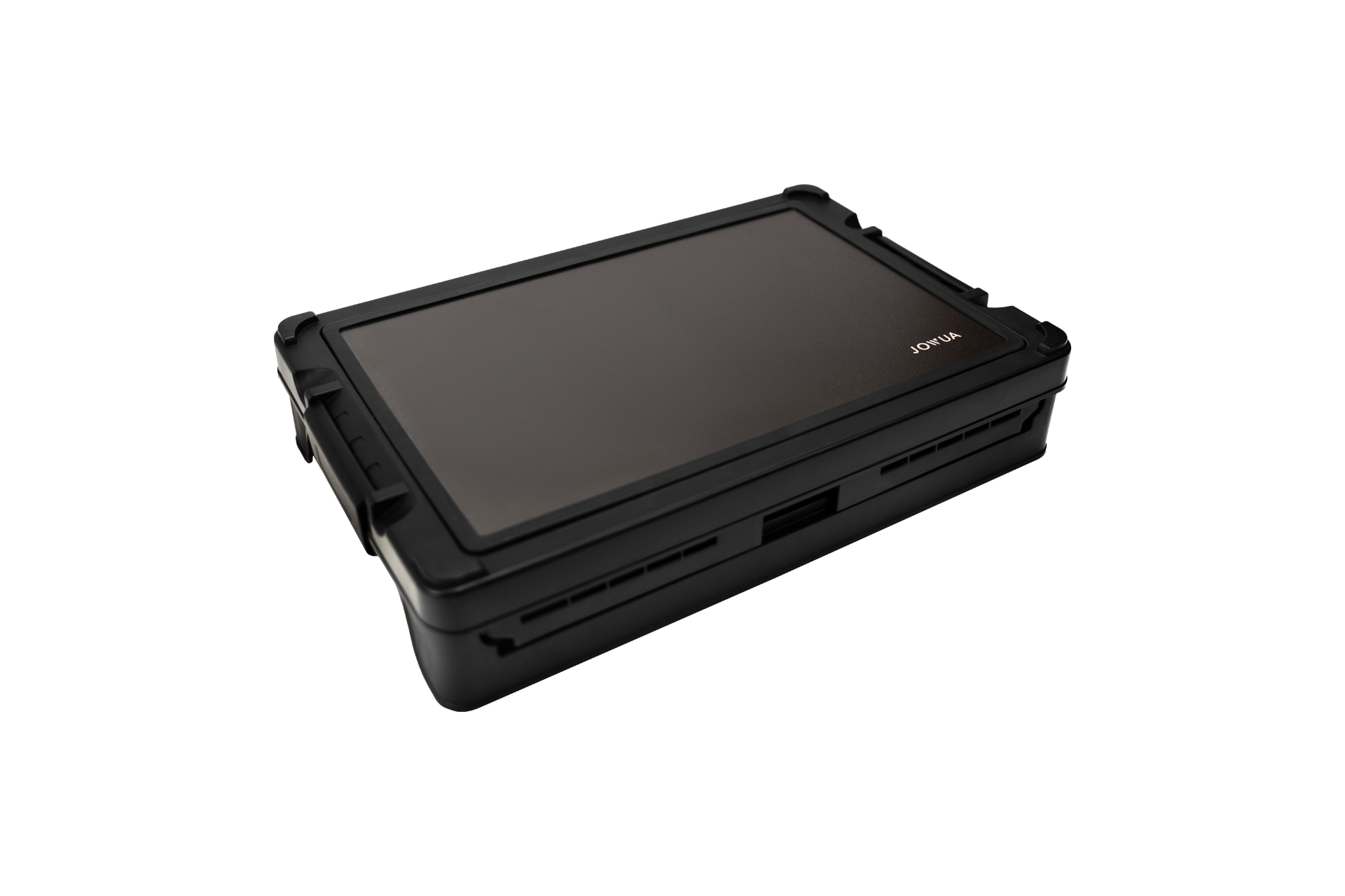 Introducing the JOWUA 30L Stackable Storage Box and Trunk Organizer for Teslas, a sleek, modern black electronic device that features a rectangular touchscreen. Its rounded corners and minimalistic design effortlessly integrate with your car's interior, making it an ideal choice for efficiently managing your Tesla trunk organizer.