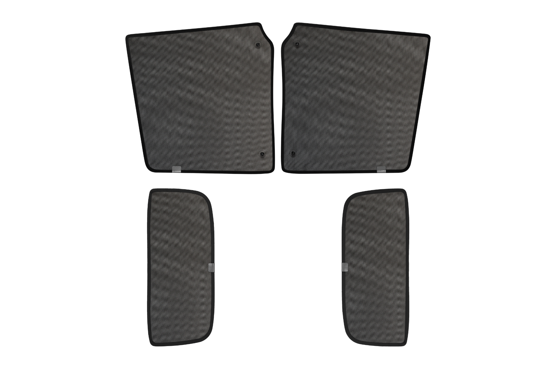 Four dark gray JOWUA Glass Roof Sunshade-Mesh mats for Model X are arranged against a plain white background, with two large rectangular mats on top and two smaller ones below. The woven design adds style and provides UV protection to keep the interior cooler and more comfortable.