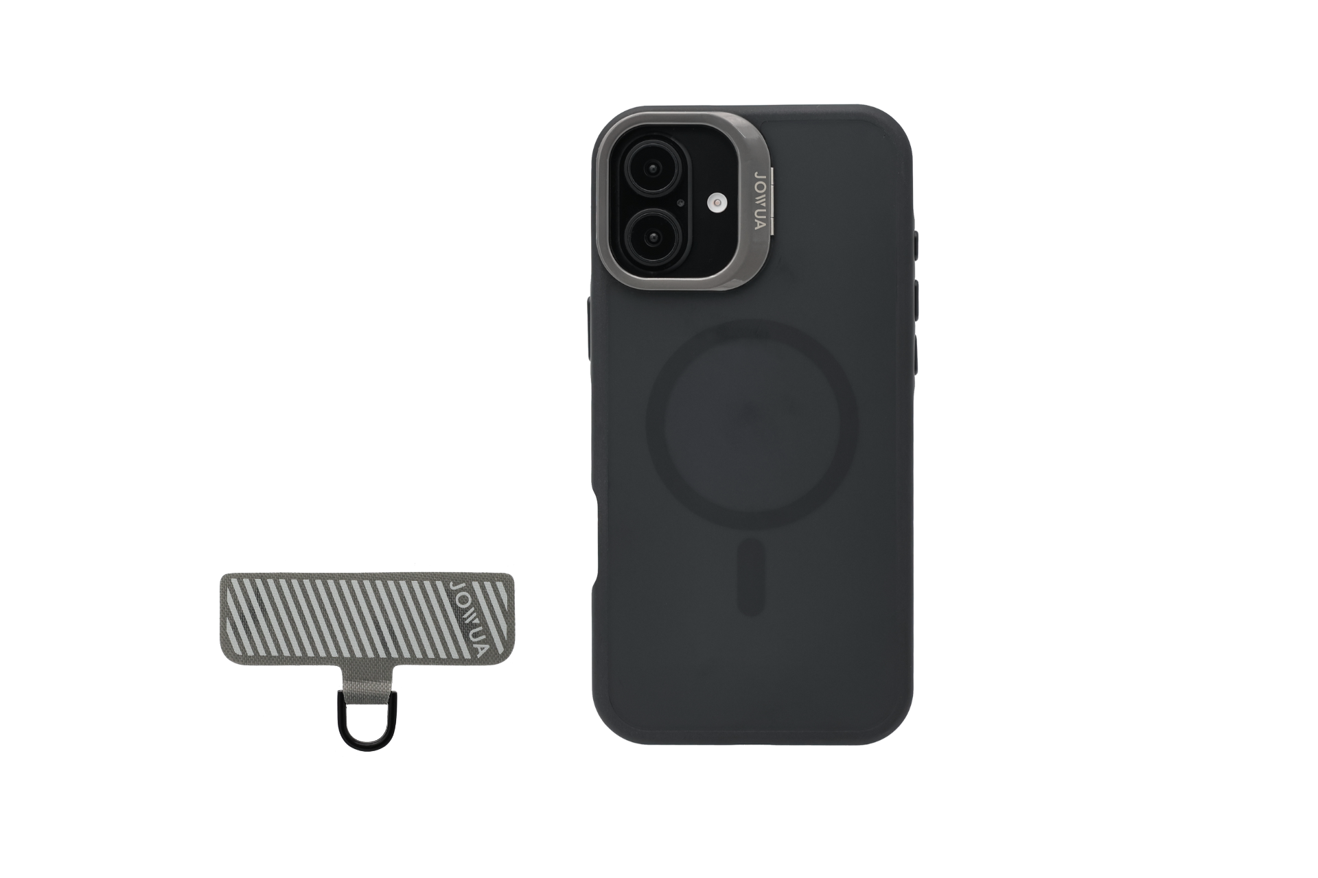 A black smartphone with a Rugged Protection case that has a prominent camera lens, paired with a small, rectangular MagSafe accessory featuring a clip. Both items showcase the brand name "JOWUA.