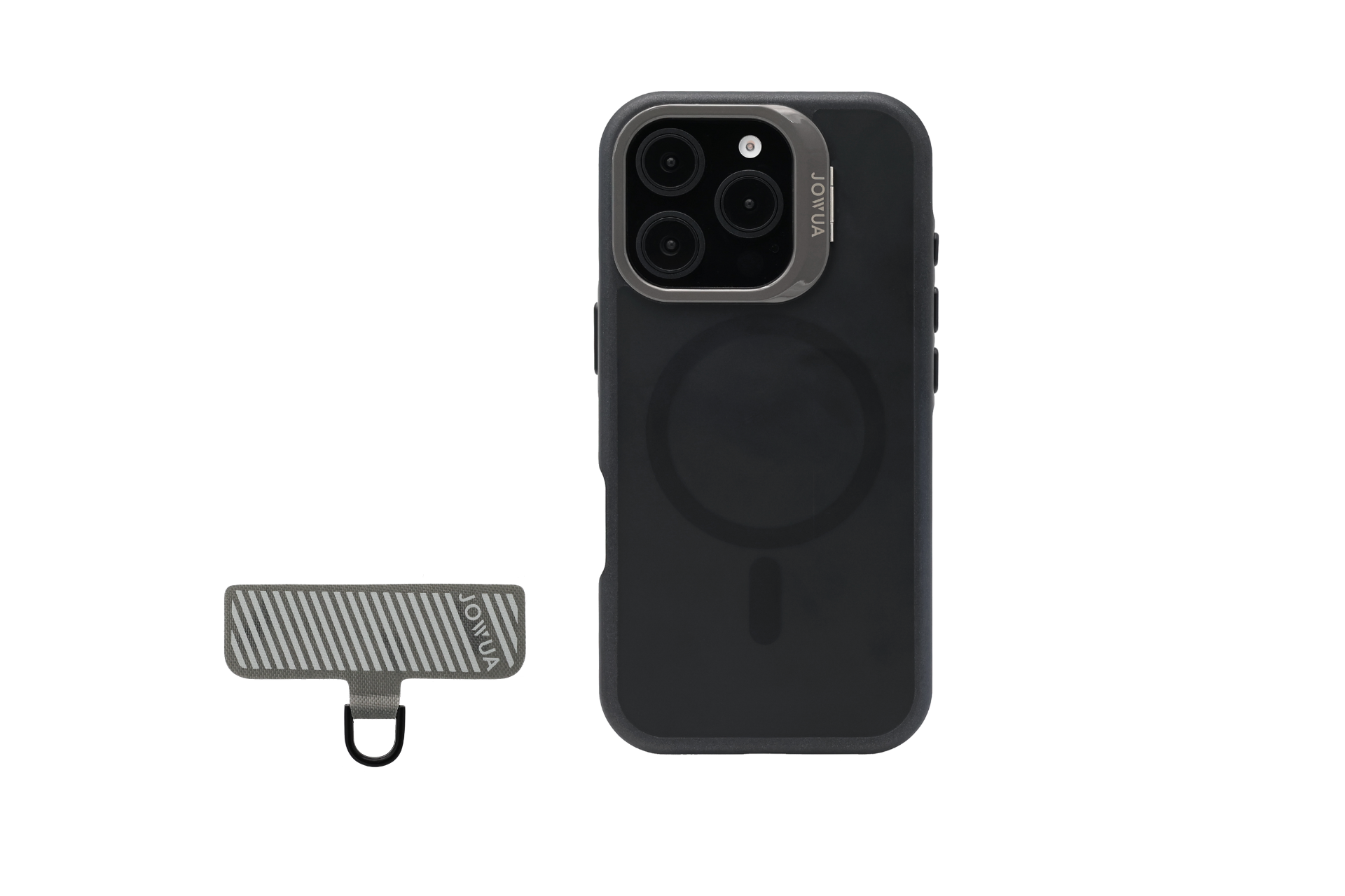 A black smartphone from JOWUA with a triple-camera setup and a dark circular pattern on the back is paired with a rugged accessory, the iPhone Case for Tesla Car Mount with MagSafe + Phone Tether Tab Set (iPhone 16 Series), which features silver stripes, a handy loop at the bottom, and is positioned to the left.