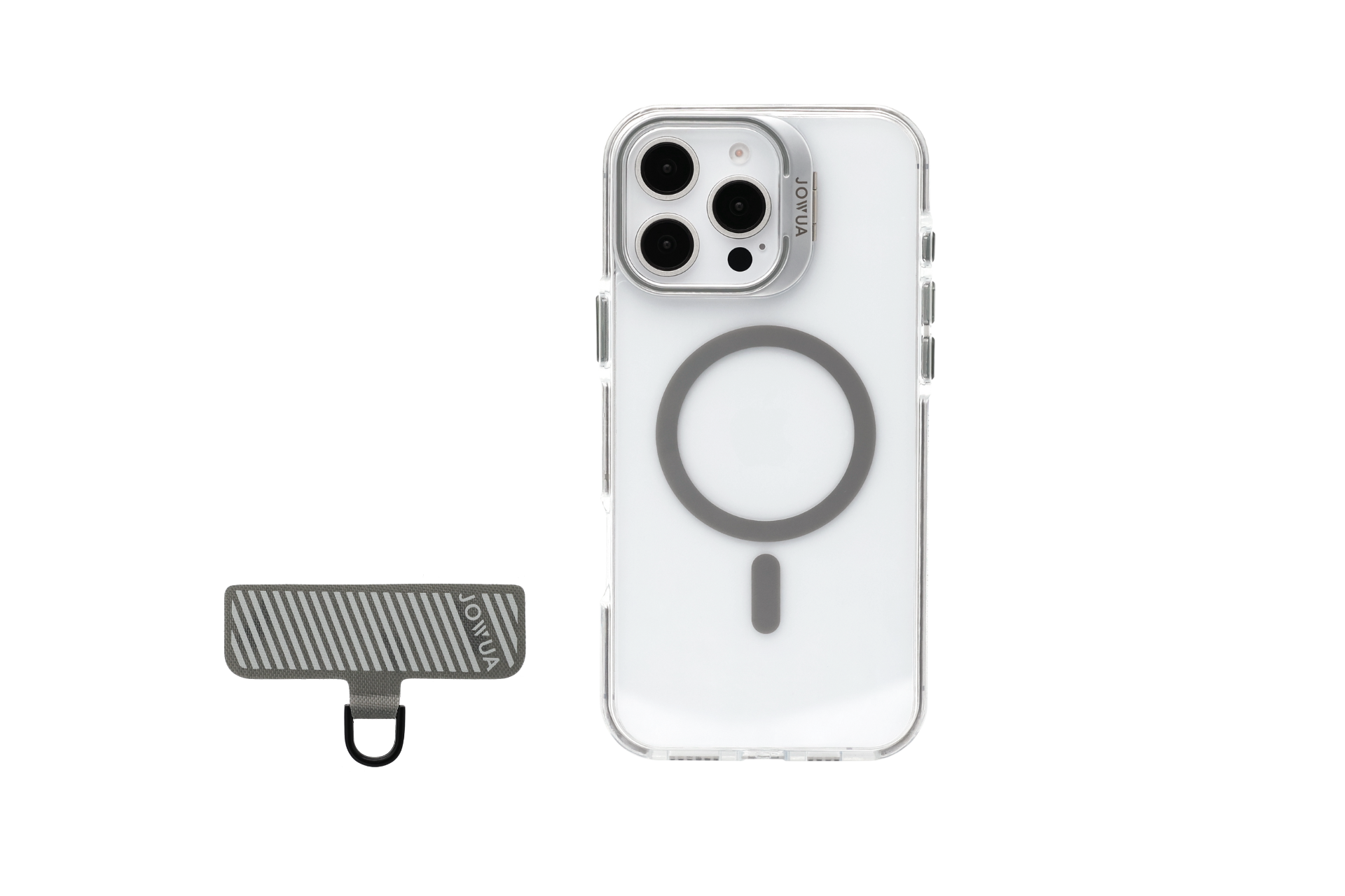 A white JOWUA iPhone case for the iPhone 16 series is shown with a transparent protective design featuring a circular pattern for Tesla car mount compatibility and rugged protection. Accompanying it is a small rectangular JOWUA Phone Tether Tab accessory with a textured surface and an attached loop.