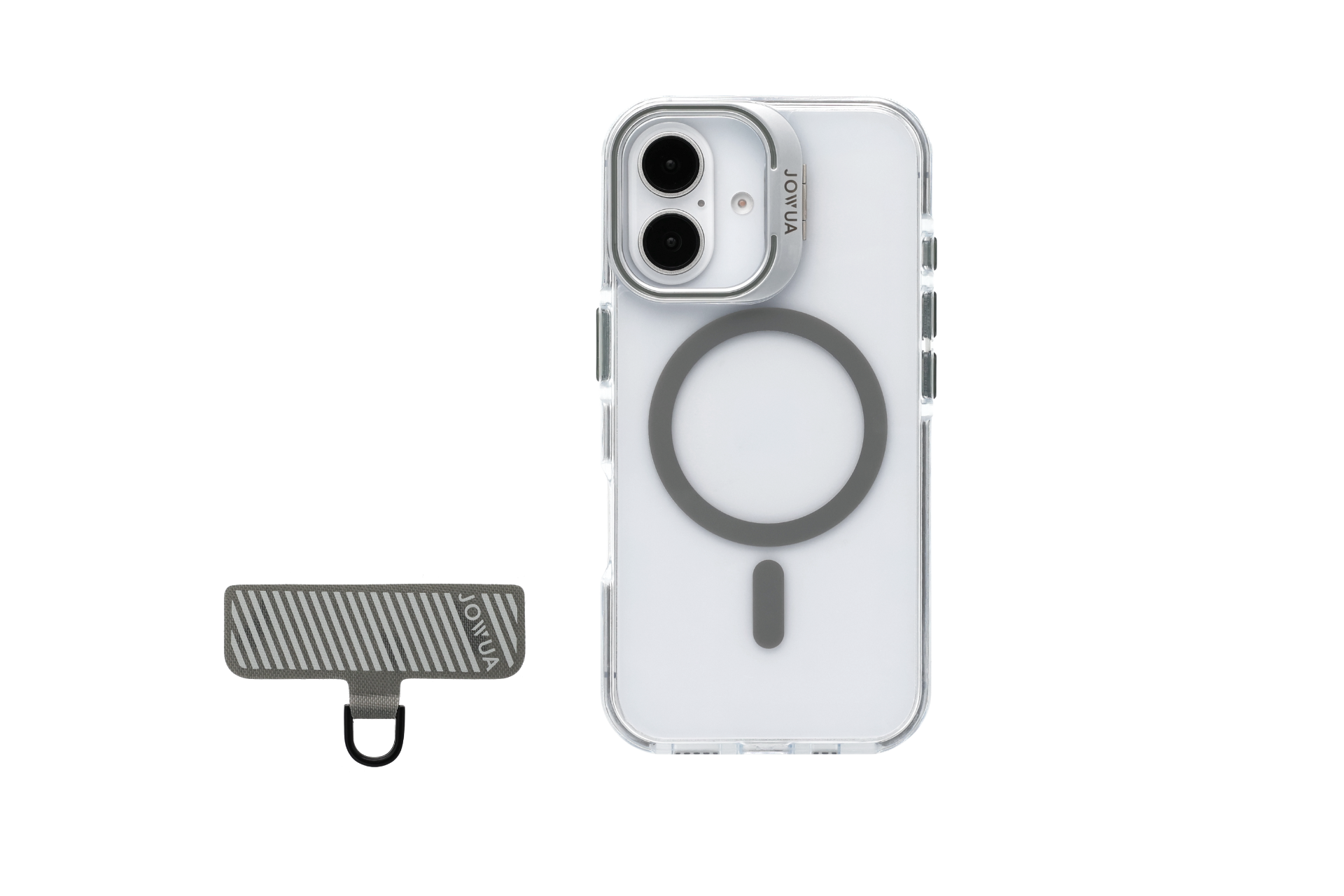 The JOWUA iPhone Case for Tesla Car Mount with MagSafe, along with the Phone Tether Tab Set designed for the iPhone 16 Series, is gracefully displayed against a minimalist white backdrop.