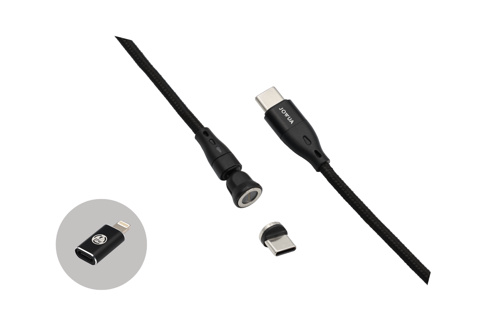 The JOWUA Magnetic Charging Cable USB-C to USB-C, available in lengths of 0.4M, 1M, and 1.8M, is shown against a white background. This black cable boasts detachable connectors with both USB-C and lightning tips and features a nylon-braided design with metallic finish on the connectors for enhanced durability and style—a sleek addition to your Tesla Model 3 accessories.