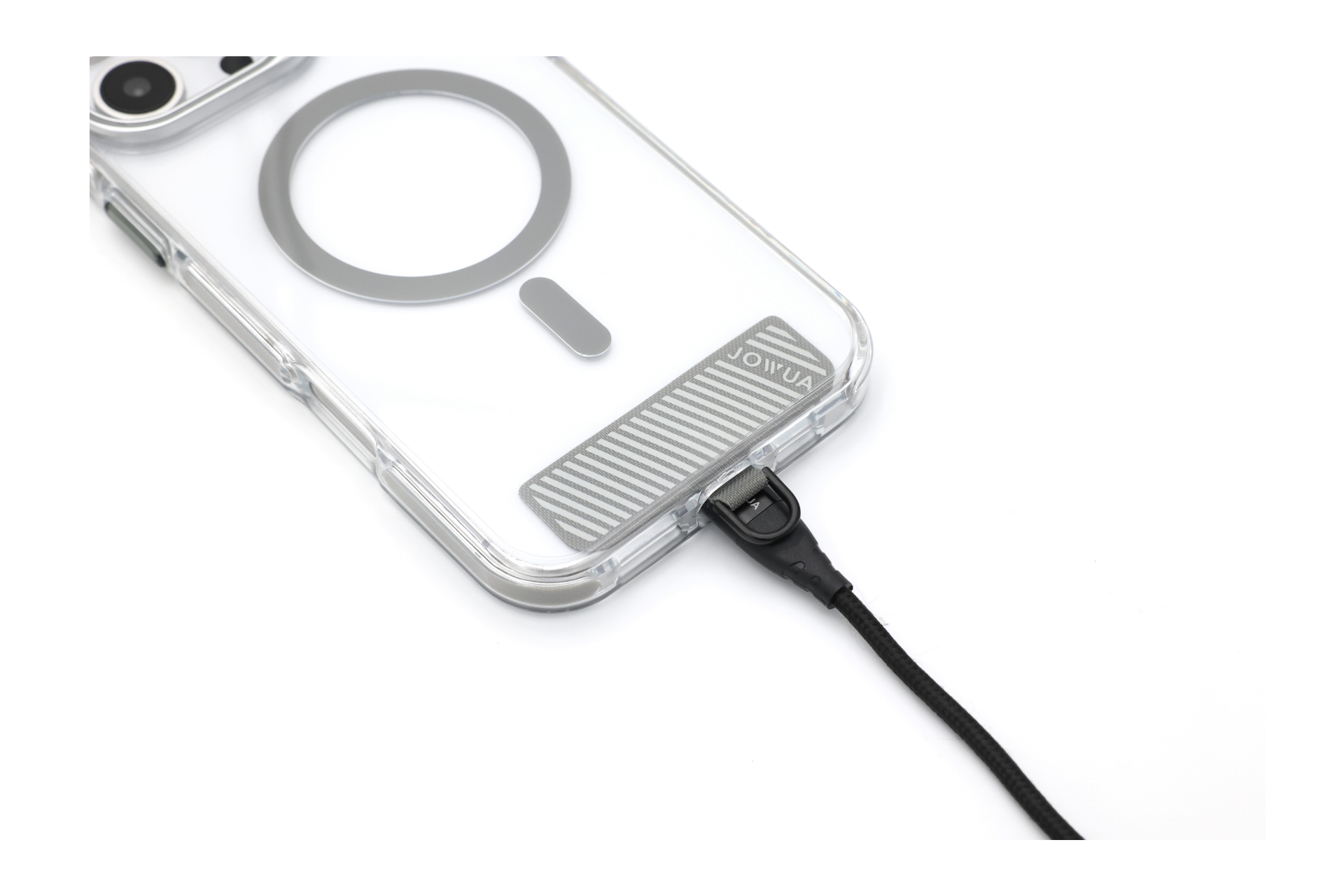 The JOWUA iPhone Case for Tesla Car Mount with MagSafe + Phone Tether Tab Set (iPhone 16 Series) provides rugged protection with a circular design and includes a small raised strip. It is connected to a black lanyard through a corner loop, and the phone's camera and light remain partially visible.