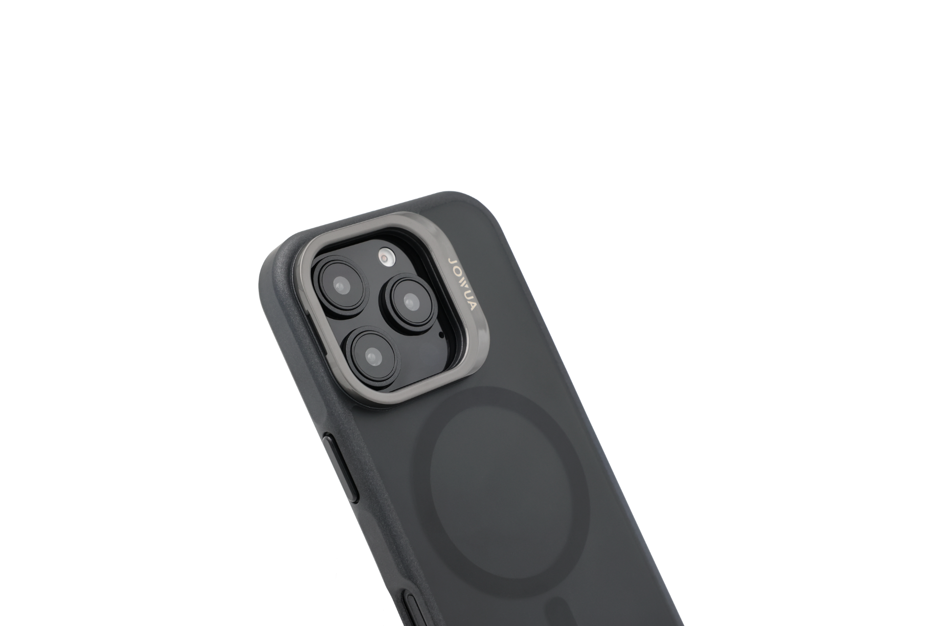 The image showcases an iPhone 16 Series, enclosed in a JOWUA iPhone Case for Tesla Car Mount with MagSafe and Phone Tether Tab Set. The case is dark and transparent, offering robust protection while revealing the triple-camera setup on the device's rear with its distinct square camera bump. A circular pattern is visible on the case, suggesting MagSafe compatibility. The setup is displayed against a plain white background.