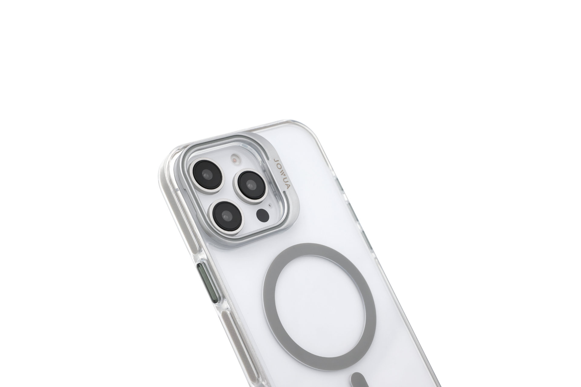 A smartphone adorned with the JOWUA iPhone Case for Tesla Car Mount with MagSafe + Phone Tether Tab Set (iPhone 16 Series), showcasing a transparent circular design compatible with MagSafe. Featuring a triple-lens camera setup in the top left corner, this device blends sleek aesthetics and advanced technology, set against a plain white background that highlights its modern appeal.