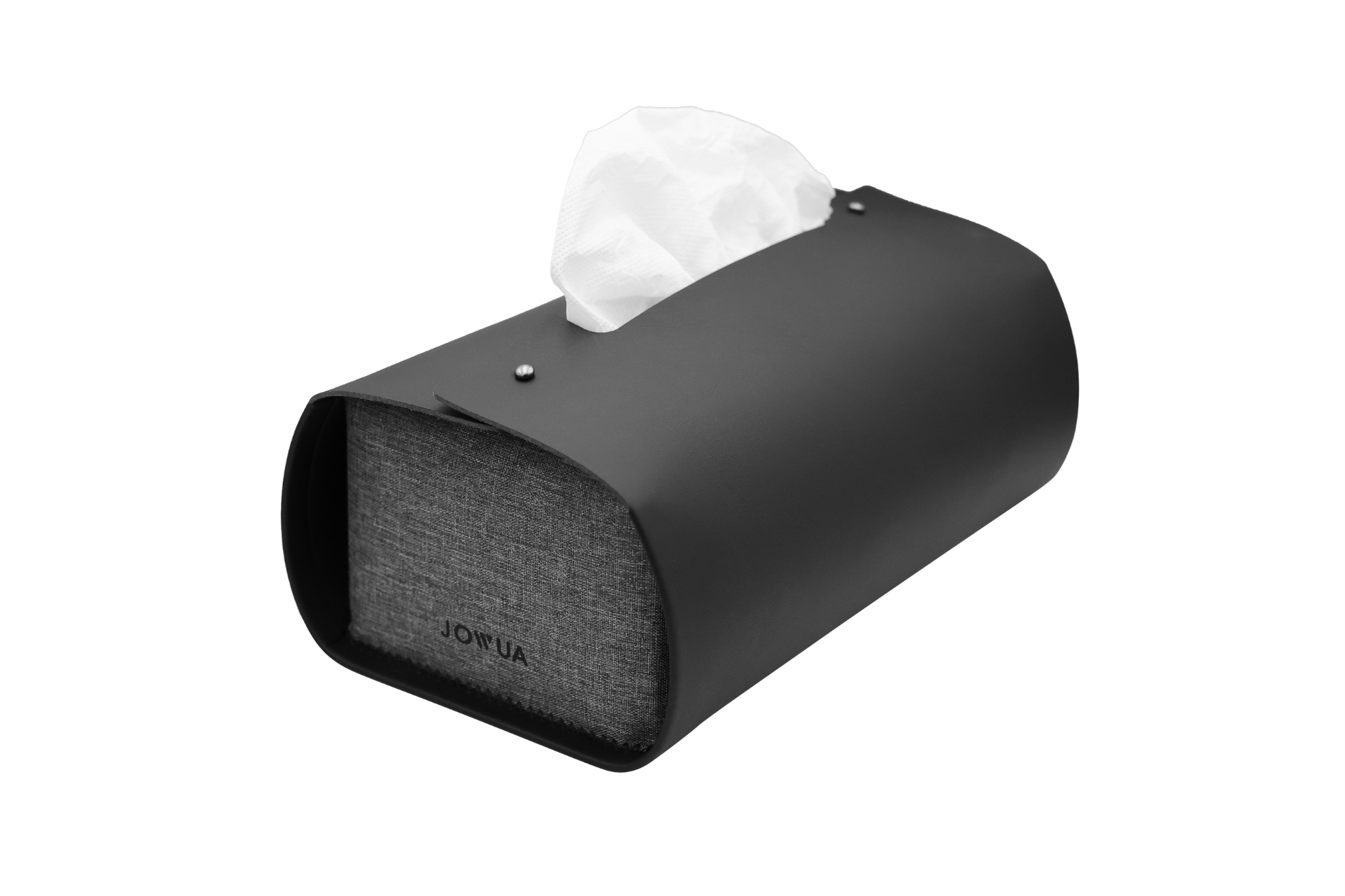 The MagSafe Tissue Box Cover by JOWUA features a black microfiber leather design with a gray fabric front, brand name visible, and tissues accessible from the top, adding modern elegance to your car's interior.