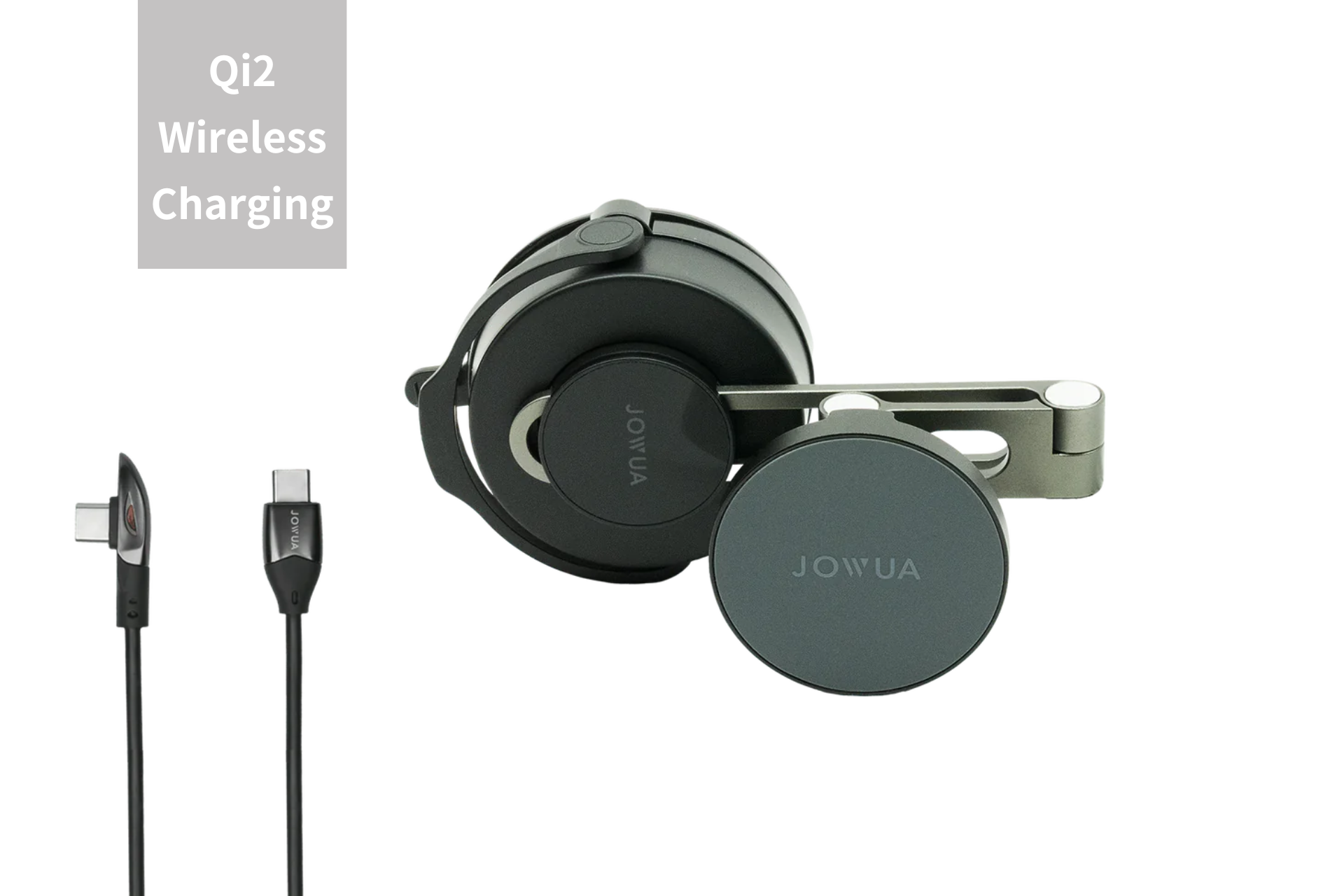 Introducing the "Tesla Christmas: The Dream Team" by JOWUA, wireless headphones featuring Qi2 wireless charging, ideal as a Tesla accessory. Comes with a detachable USB-C cable and showcases a sleek black and grey color scheme that blends style with functionality.