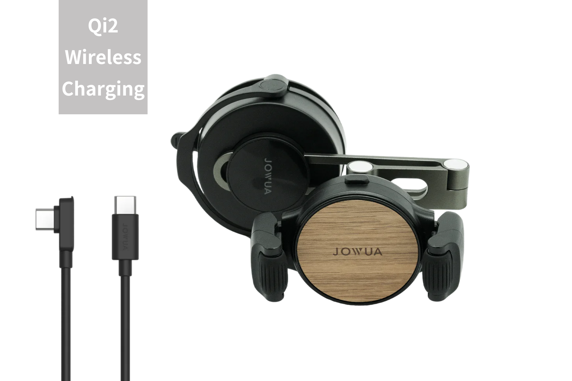 Sleek black JOWUA wireless headphones with a wood finish and USB-C cable, featuring elegant "Qi2 Wireless Charging" text in the top left. MagSafe technology ensures seamless charging.