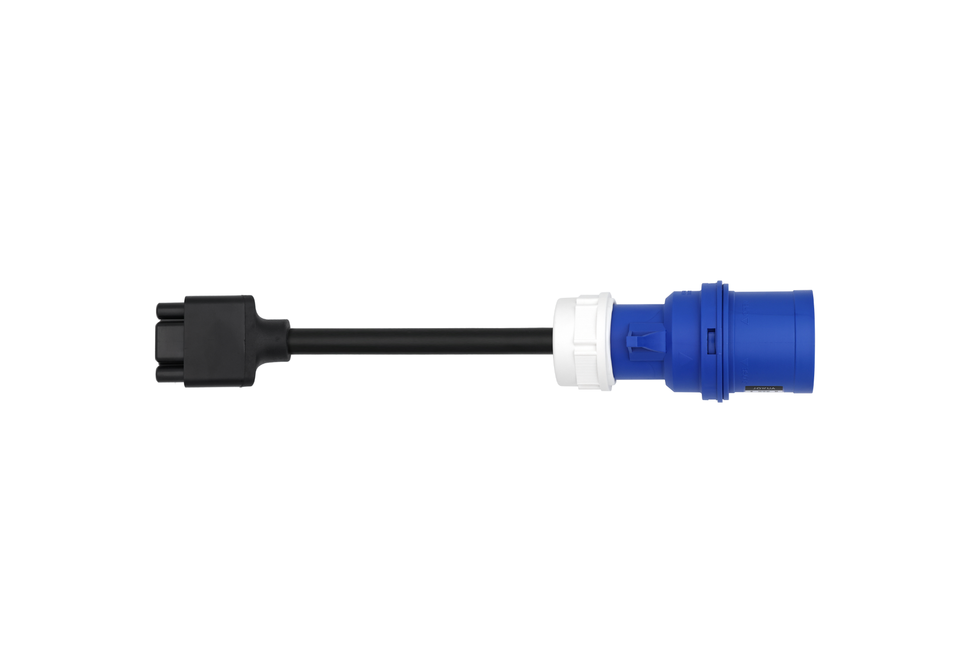 A blue JOWUA EV Mobile Connector (Type-2) with UL-certified cables extends via a black cable to a sleek black connector, isolated on a pristine white background.