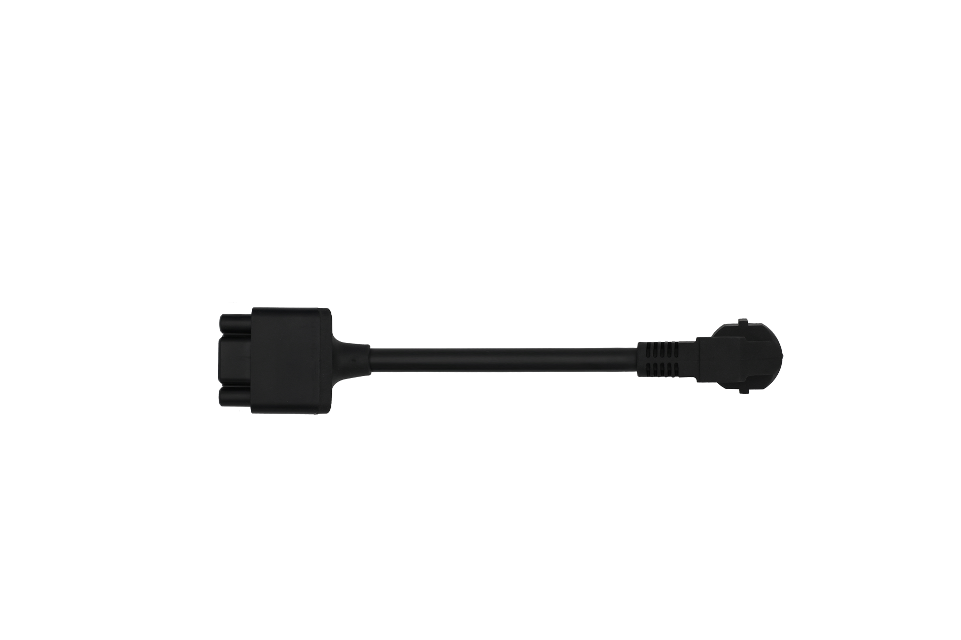 Laid out horizontally against a white background, the EV Mobile Connector (CCS2-AC/Type-2) - Europe Version by JOWUA features a dual-use design with a black extension cord adapter, including a male CEE 7/7 plug on one end and a three-slot female connector on the other. This design is perfect for enhancing setups such as an EV charging station.