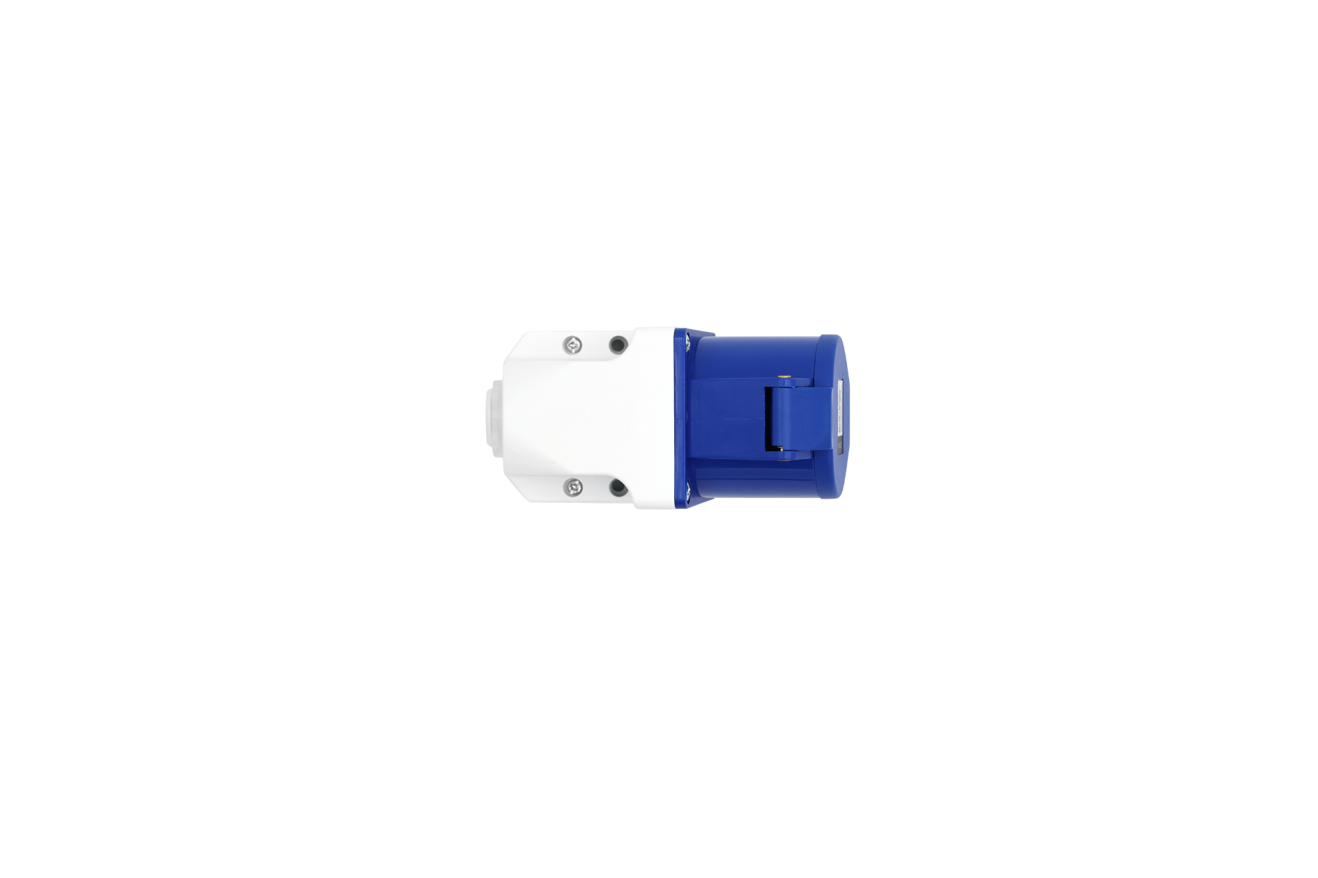 A JOWUA EV Mobile Connector (Type-2) in blue and white, designed for Portable EV Chargers, has a circular shape with four screw holes on the housing, highlighting its cylindrical design.