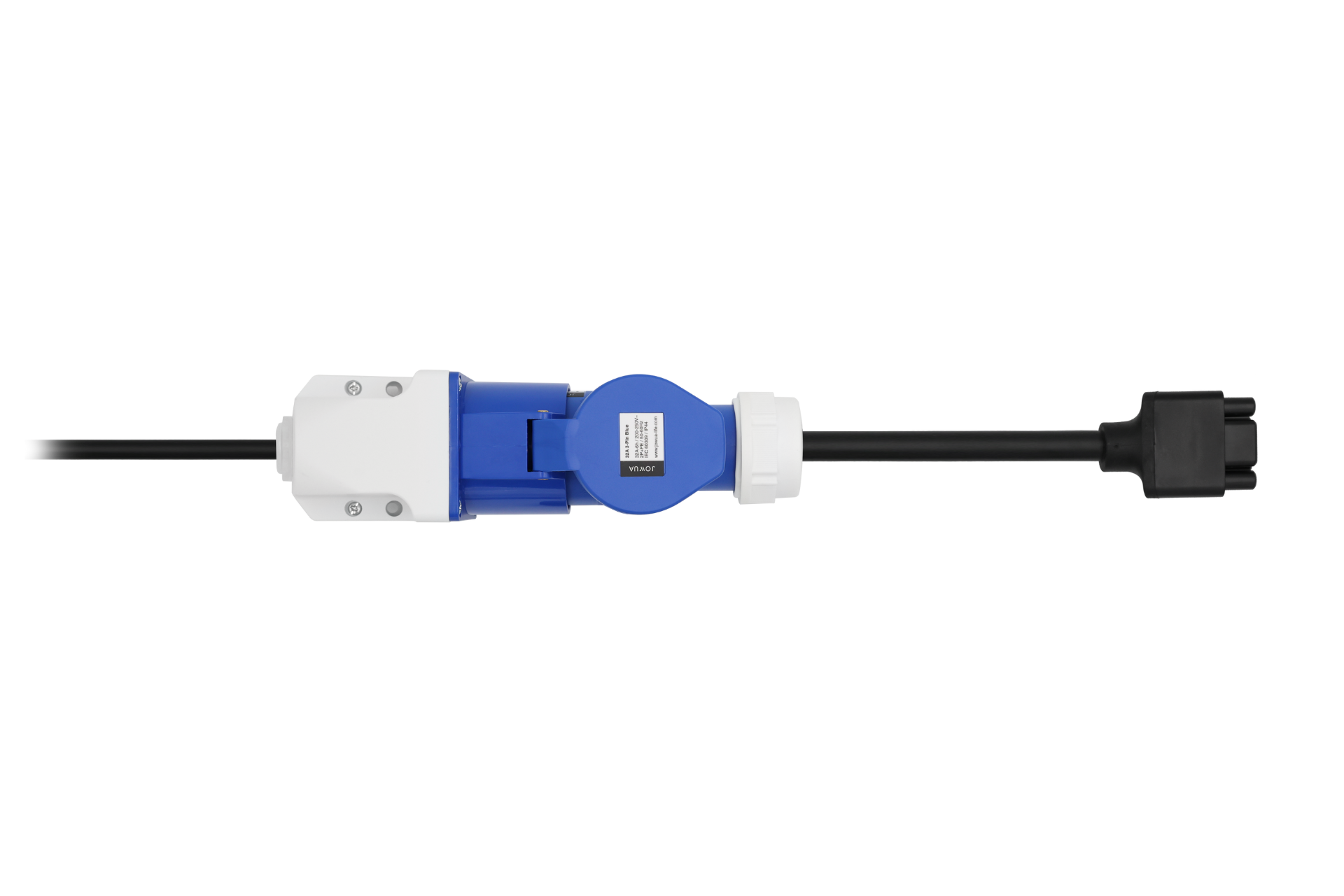 The JOWUA EV Mobile Connector (CCS2-AC/Type-2) in the European version showcases superior charging performance with its black cable connected to a blue and white industrial plug, isolated on a white background—ideal for EV charging stations.