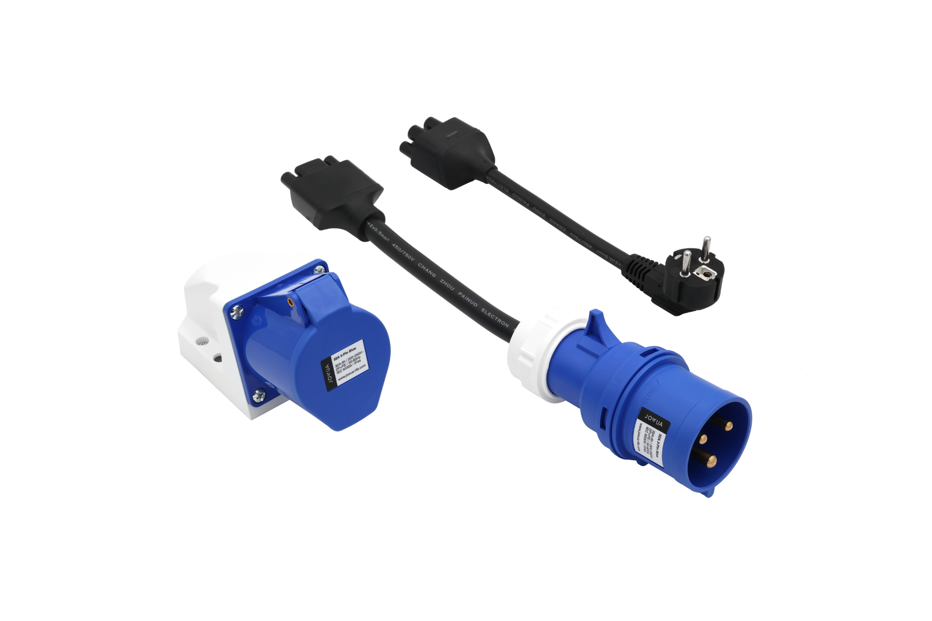 Two electrical connectors with cables rest on a white background. The left connector is a blue, wall-mounted socket with a white base. The right is the JOWUA EV Mobile Connector (Type-2) - Versatile Mobile Connector, showcasing portable EV charger capabilities, with UL-certified cables extending from it.