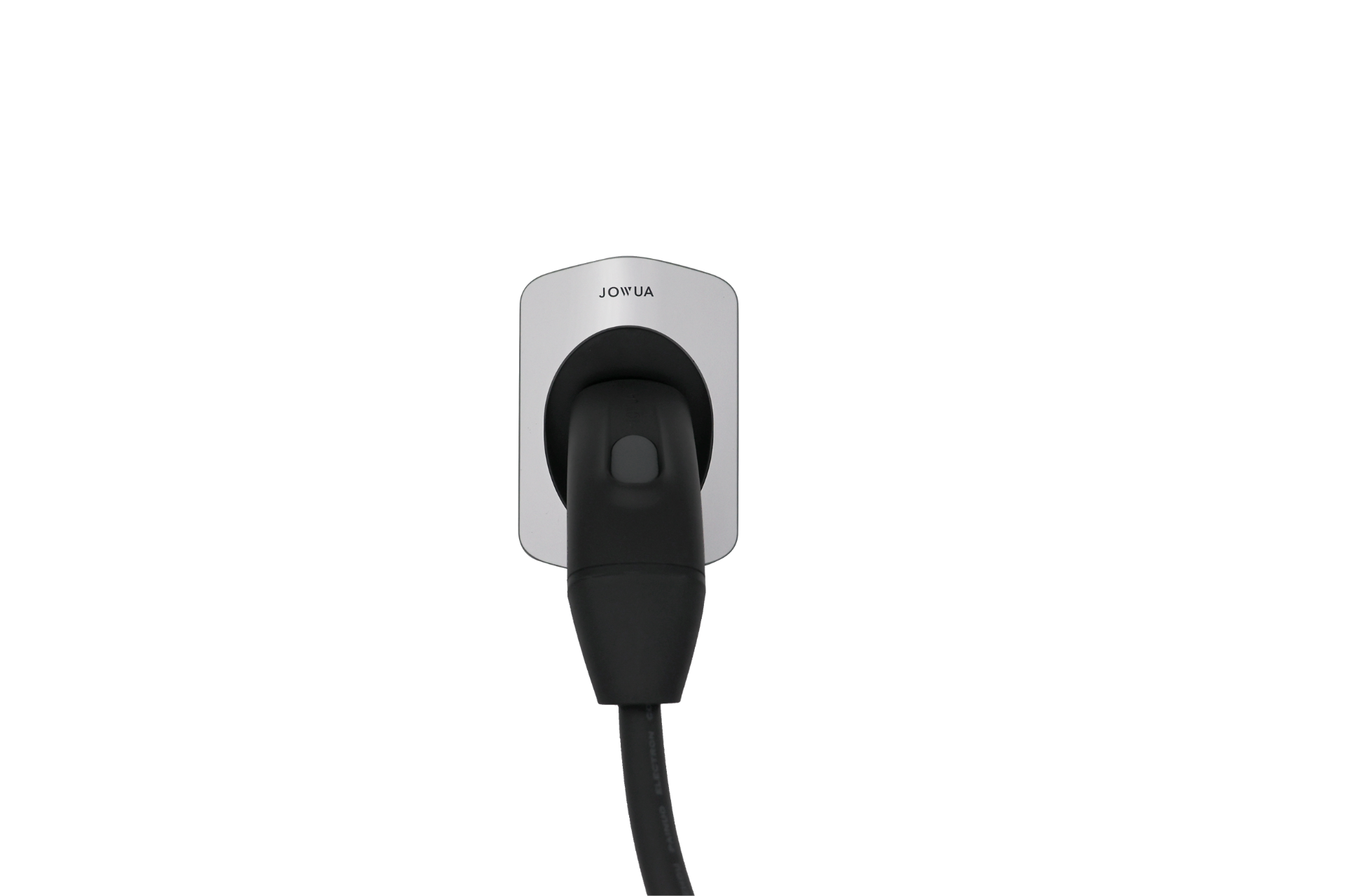 A black NACS Mobile Connector Solution for Tesla by JOWUA, compatible with Tesla setups, connects to a central white wall-mounted charger labeled "JOWUA" on a plain black background, boasting a smooth and modern design.