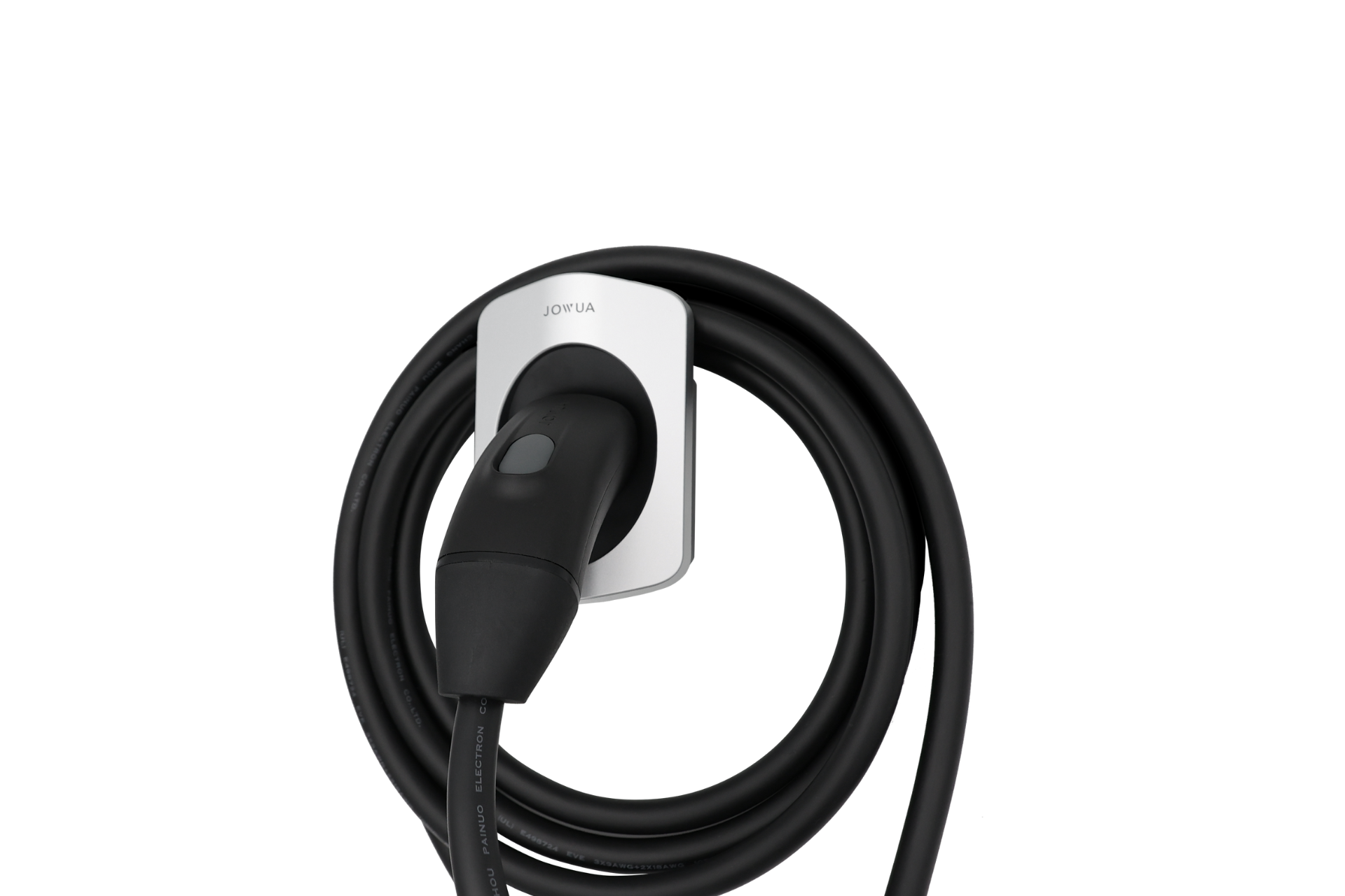 JOWUA's NACS Mobile Connector Solution for Tesla features a black charger cable neatly coiled and mounted on a white wall bracket. The plug is centrally placed, with the cable elegantly wrapped around it for a sleek, tidy setup.